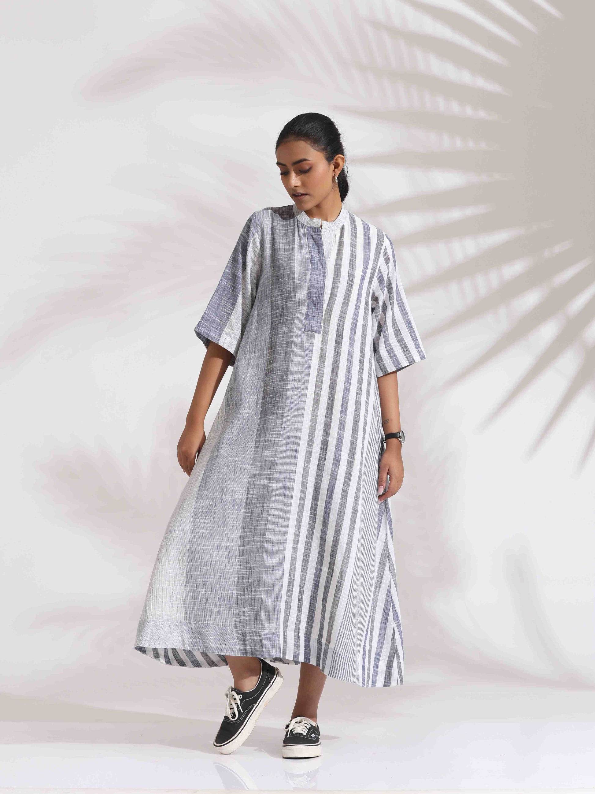 trueBrowns Off-White Cotton Multi Stripe Flared Dress | Swadesiicart