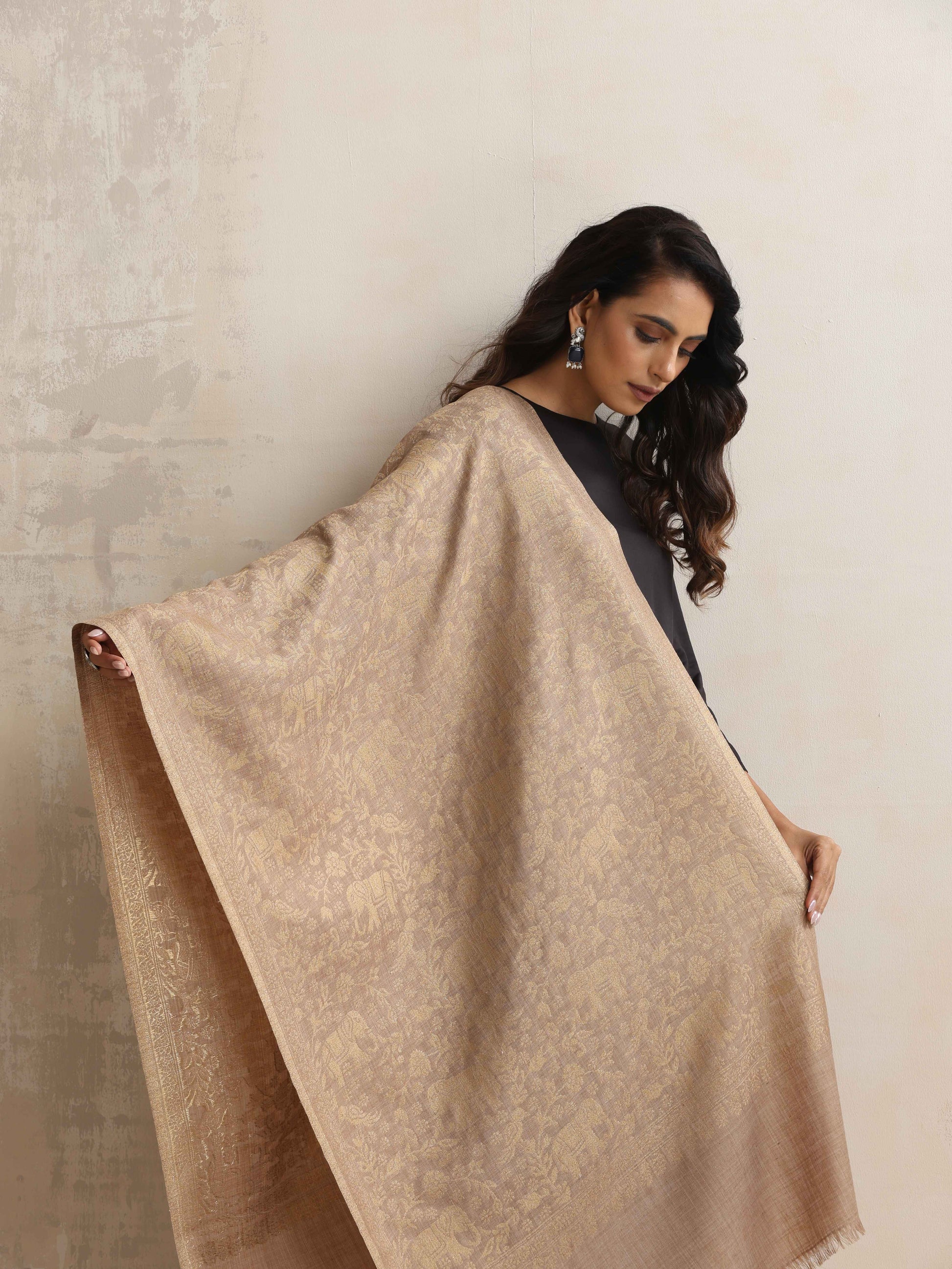 trueBrowns Brown Floral Jaal Woollen Stole | Swadesiicart