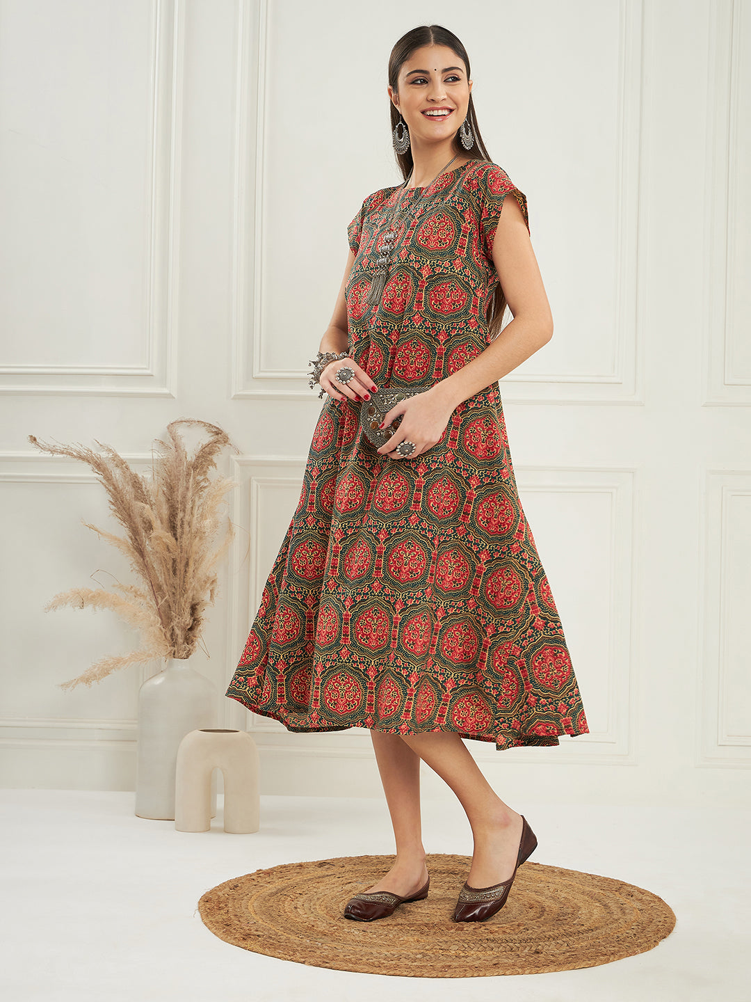 InWeave Women's Green Red Mughal Kalamkari A Line Dress - Swadesiicart
