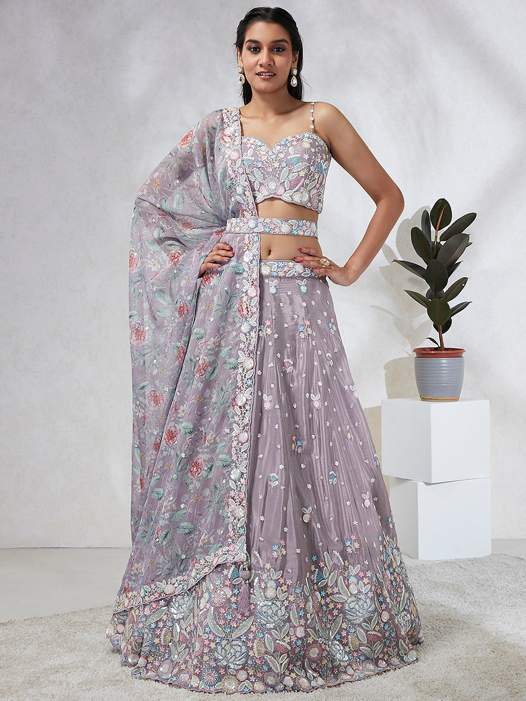 House of Panchhi Mauve Chiffon Sequins And Thread Embroidery Lehenga Choli & Dupatta | Swadesiicart