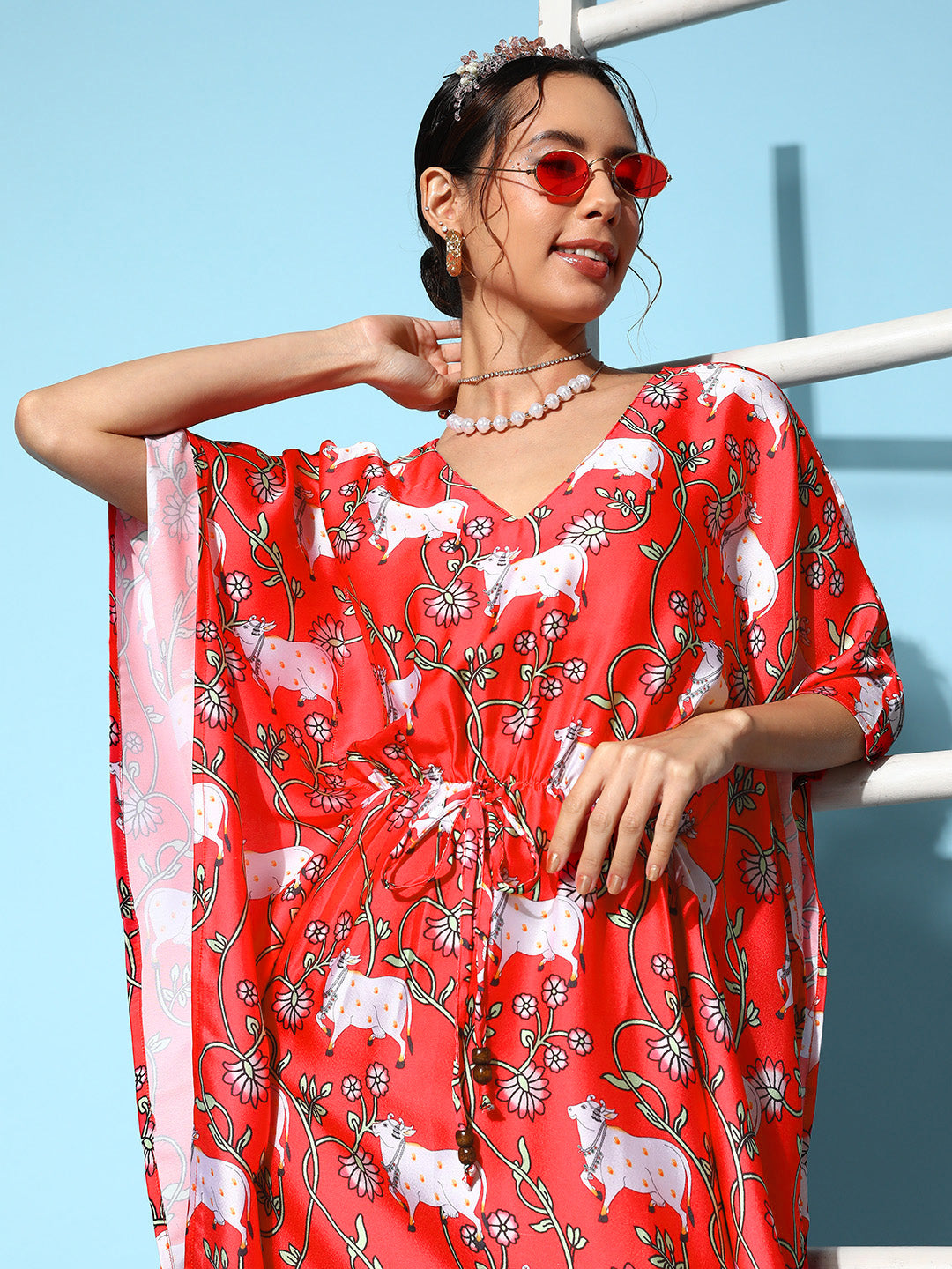 InWeave Women's Bright Pink Indian Bull Print Kaftan - Swadesiicart