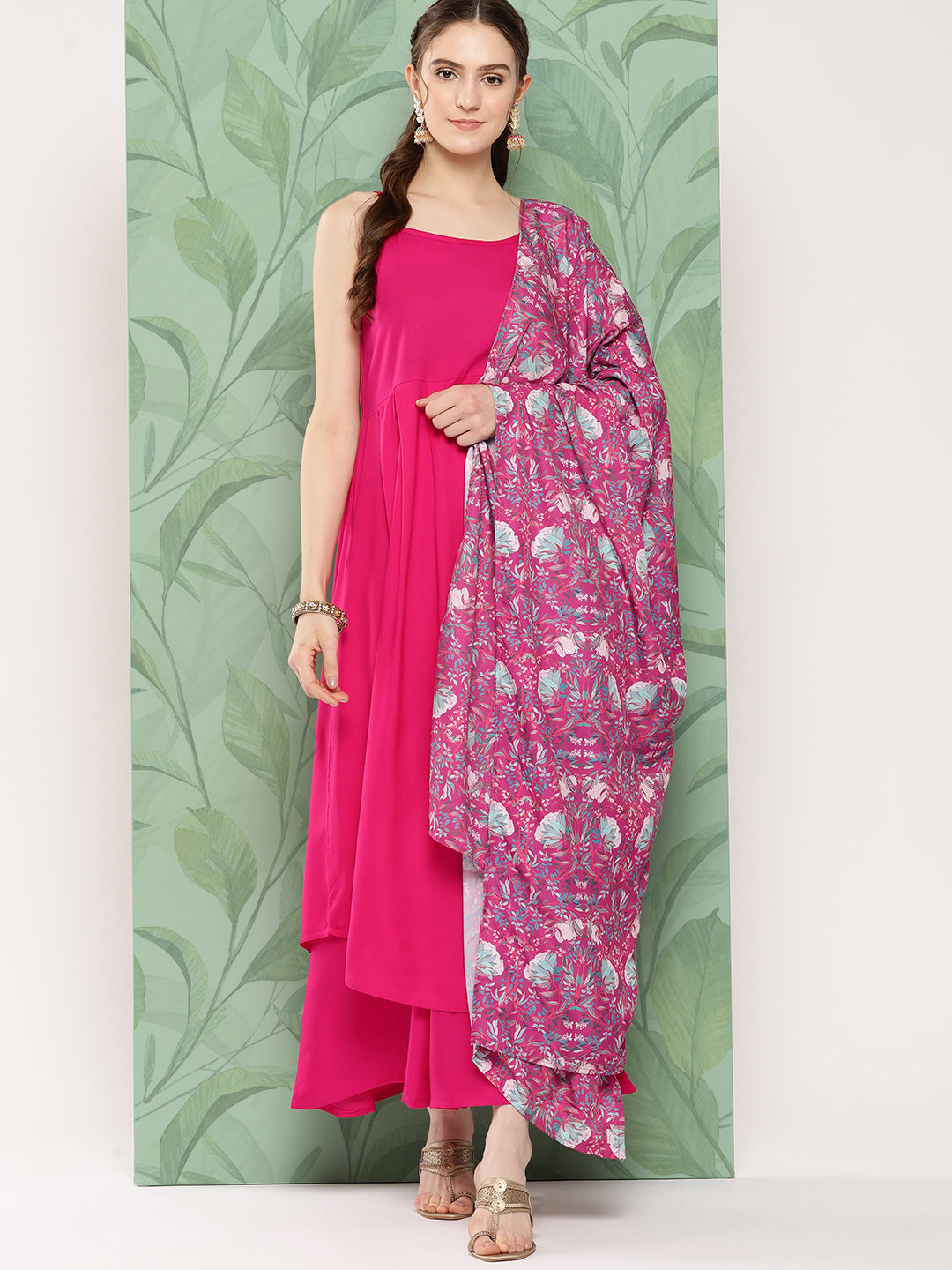 InWeave Women's Fuchsia Strappy Set W Magenta Camelia Cr Dupatta - Swadesiicart