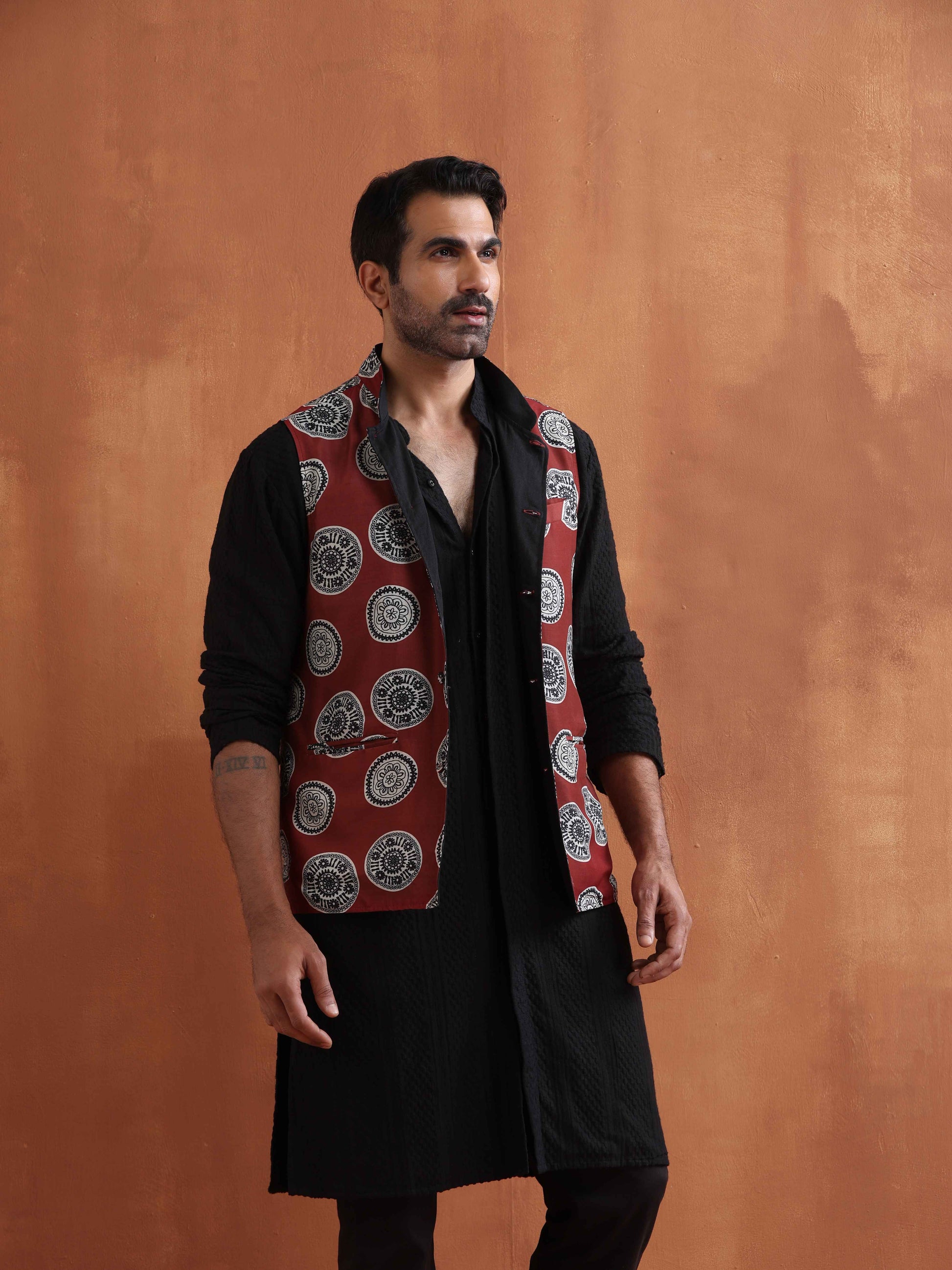 trueBrowns Men's Rust Printed Nehru Jacket | Swadesiicart