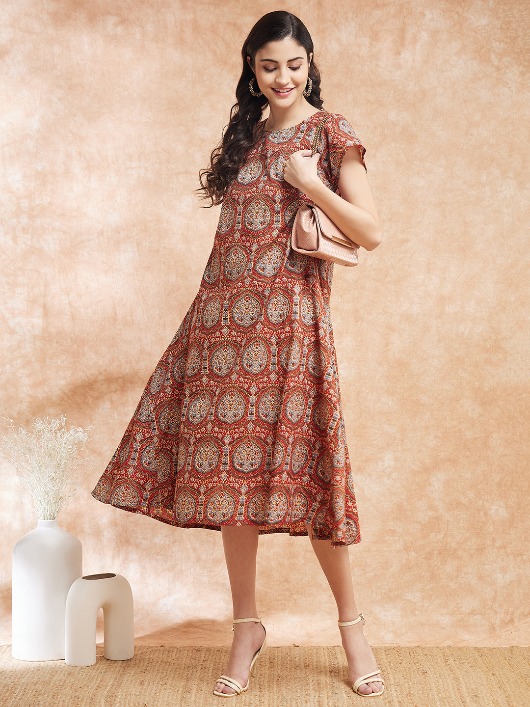 InWeave Women's Maroon Mughal Kalamkari A Line Dress - Swadesiicart