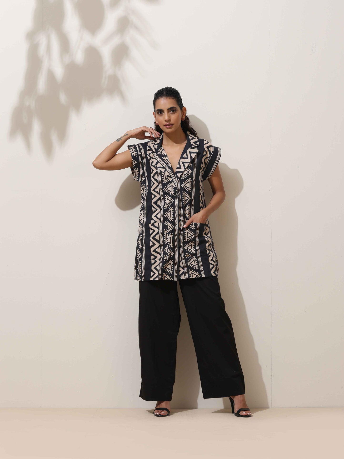 trueBrowns Beige Cotton Geometric Print Jacket Co-ord Set - Swadesiicart