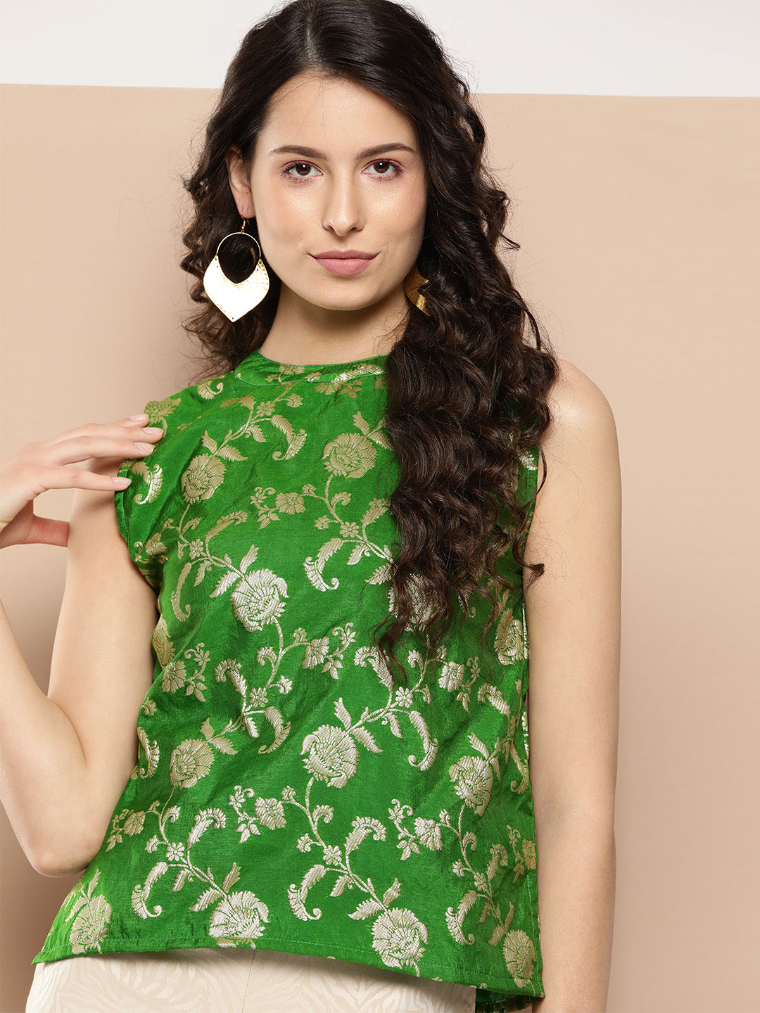 InWeave Women's Green Brocade Halter Top - Swadesiicart