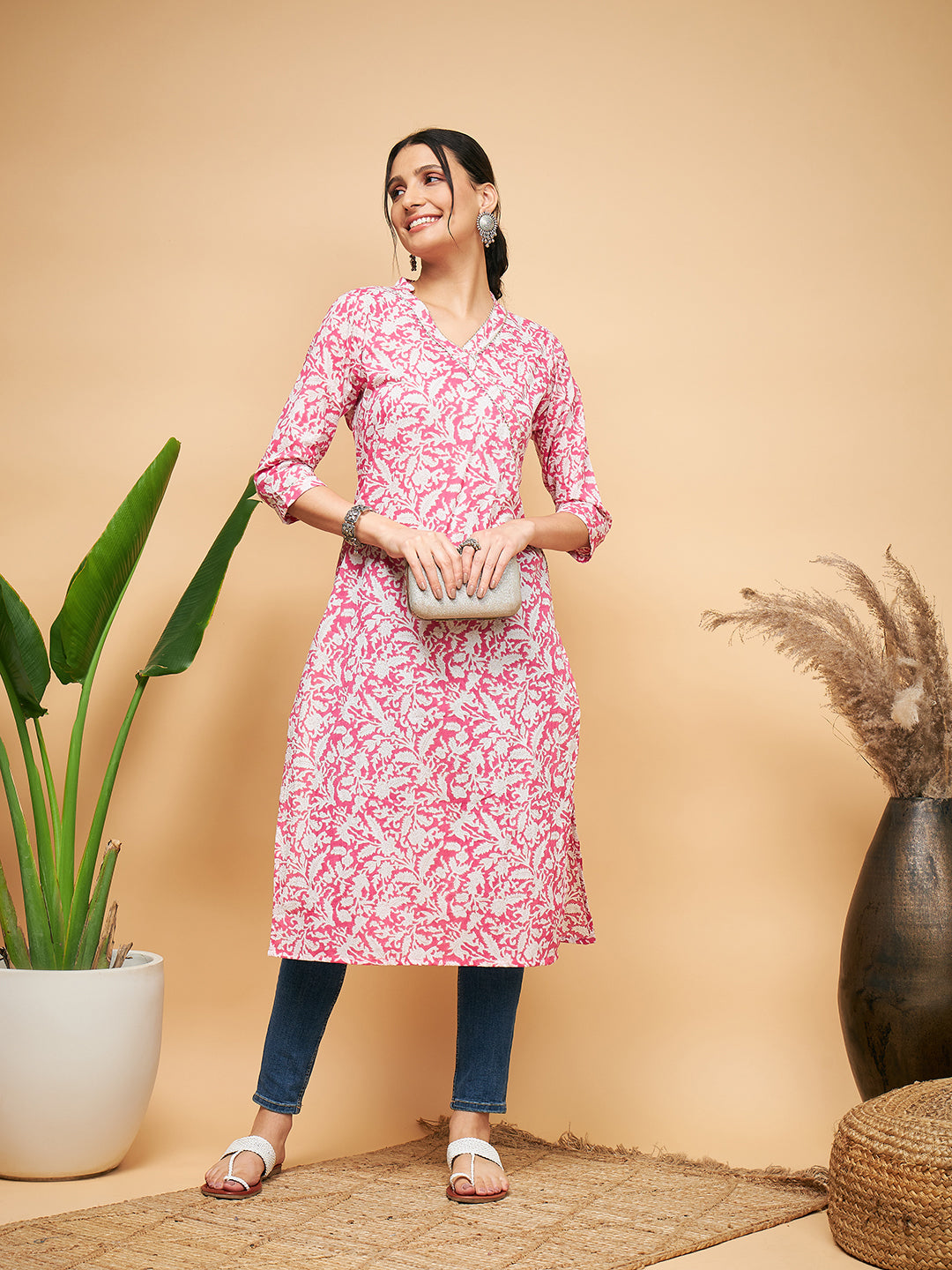 InWeave Women's Pink Foil White Print Angrakha Stright Kurta - Swadesiicart