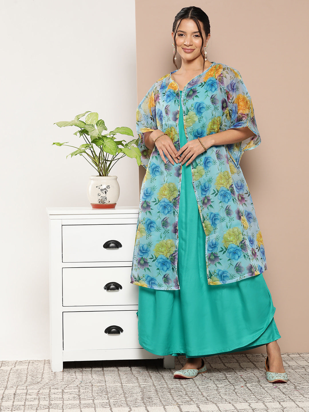 InWeave Women's Teal Blue Strappy Set With Blue Yellow Floral Cape - Swadesiicart