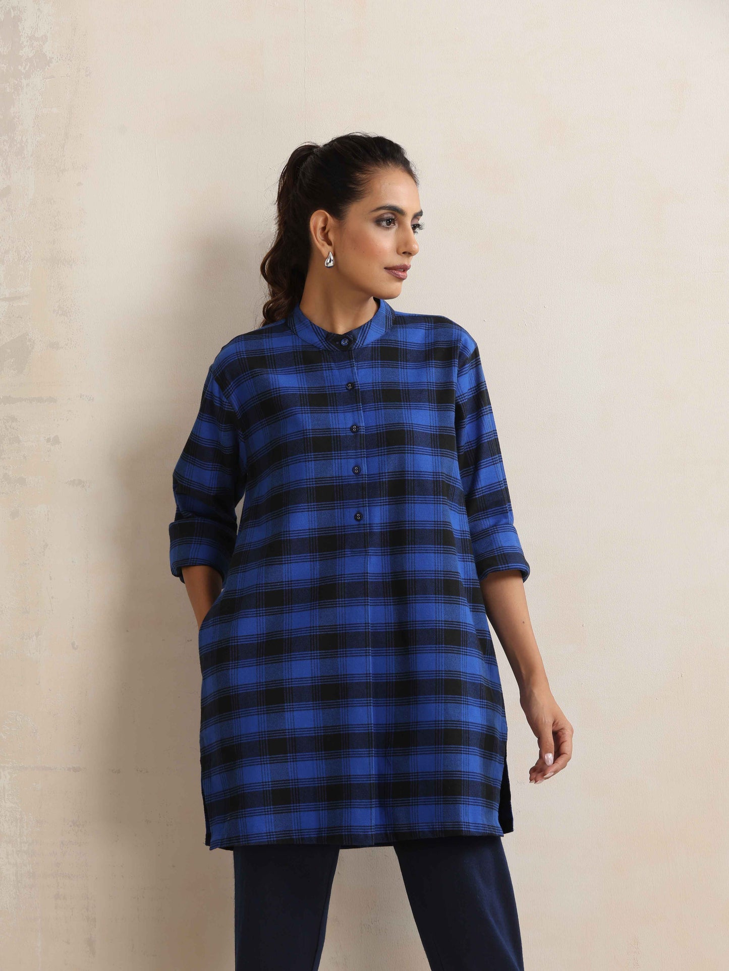 trueBrowns Blue Check Winter Top | Swadesiicart