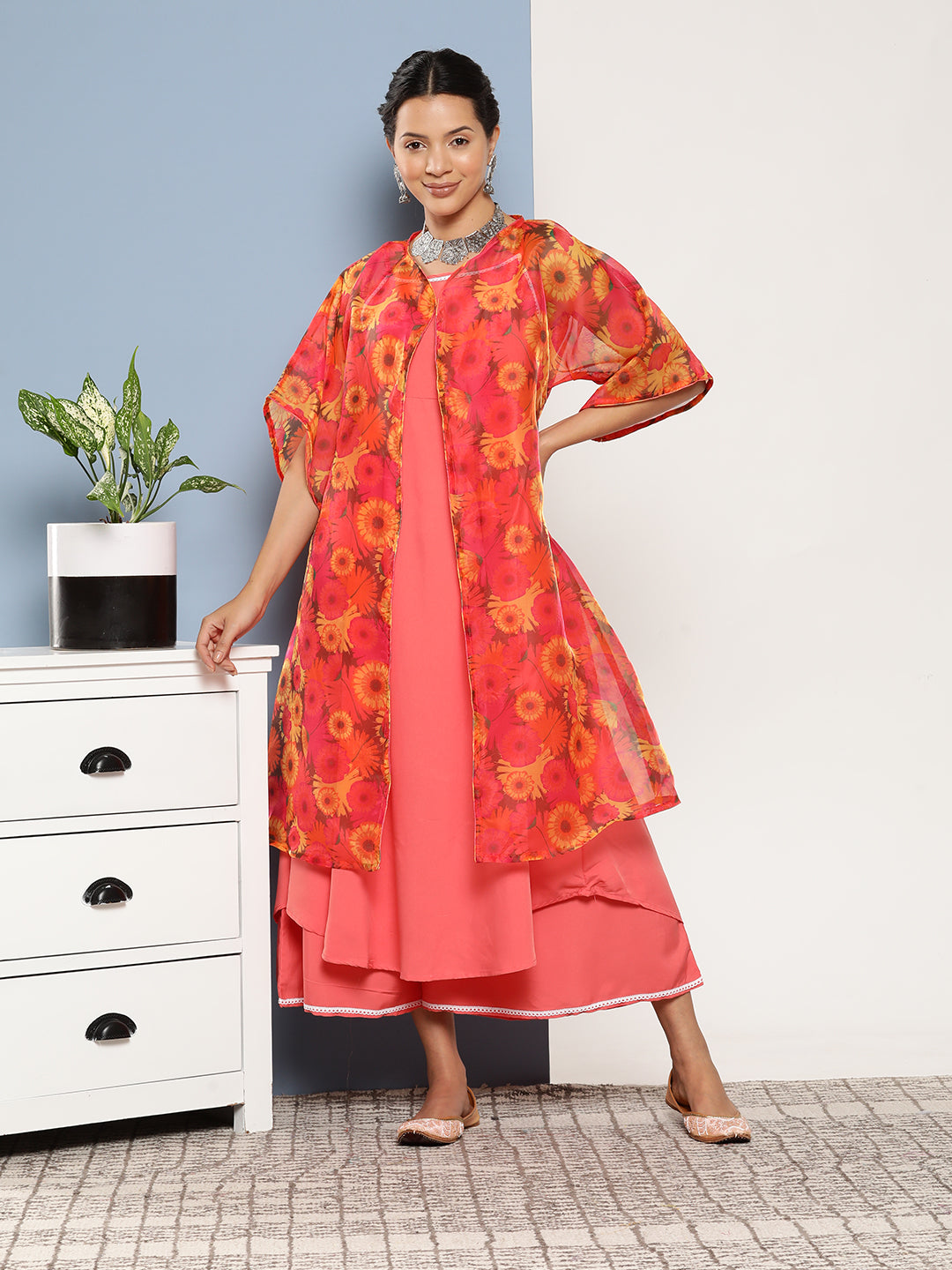 InWeave Women's Peach Cr Strappy Set With Peach Yellow Floral Cape - Swadesiicart