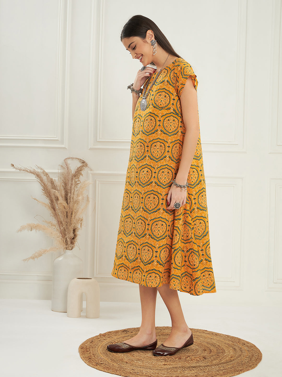InWeave Women's Haldi Yellow Mughal Kalamkari A Line Dress - Swadesiicart