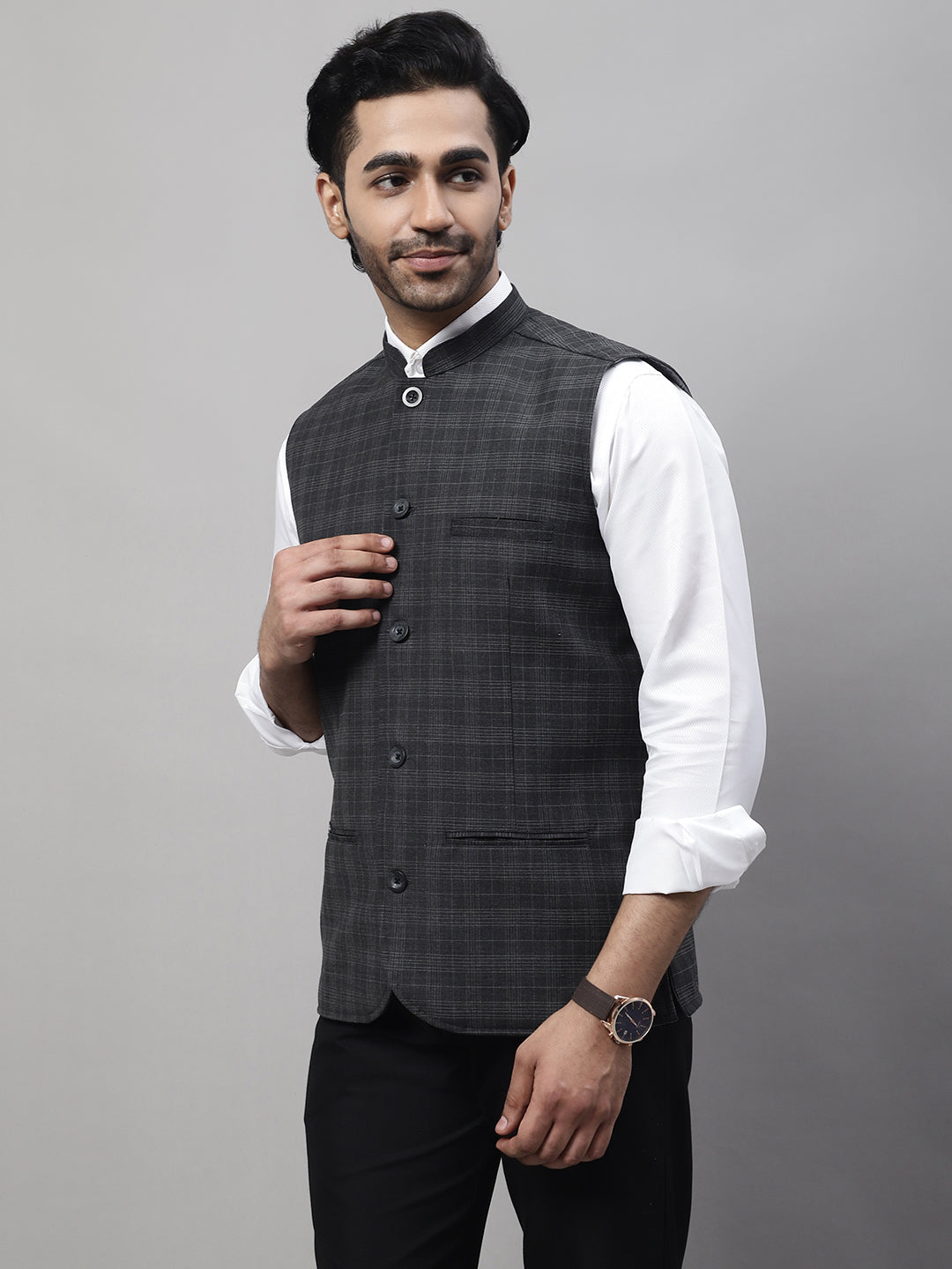 Even Apparels Men's Grey Nehru Jacket With Welt Pockets | Swadesiicart