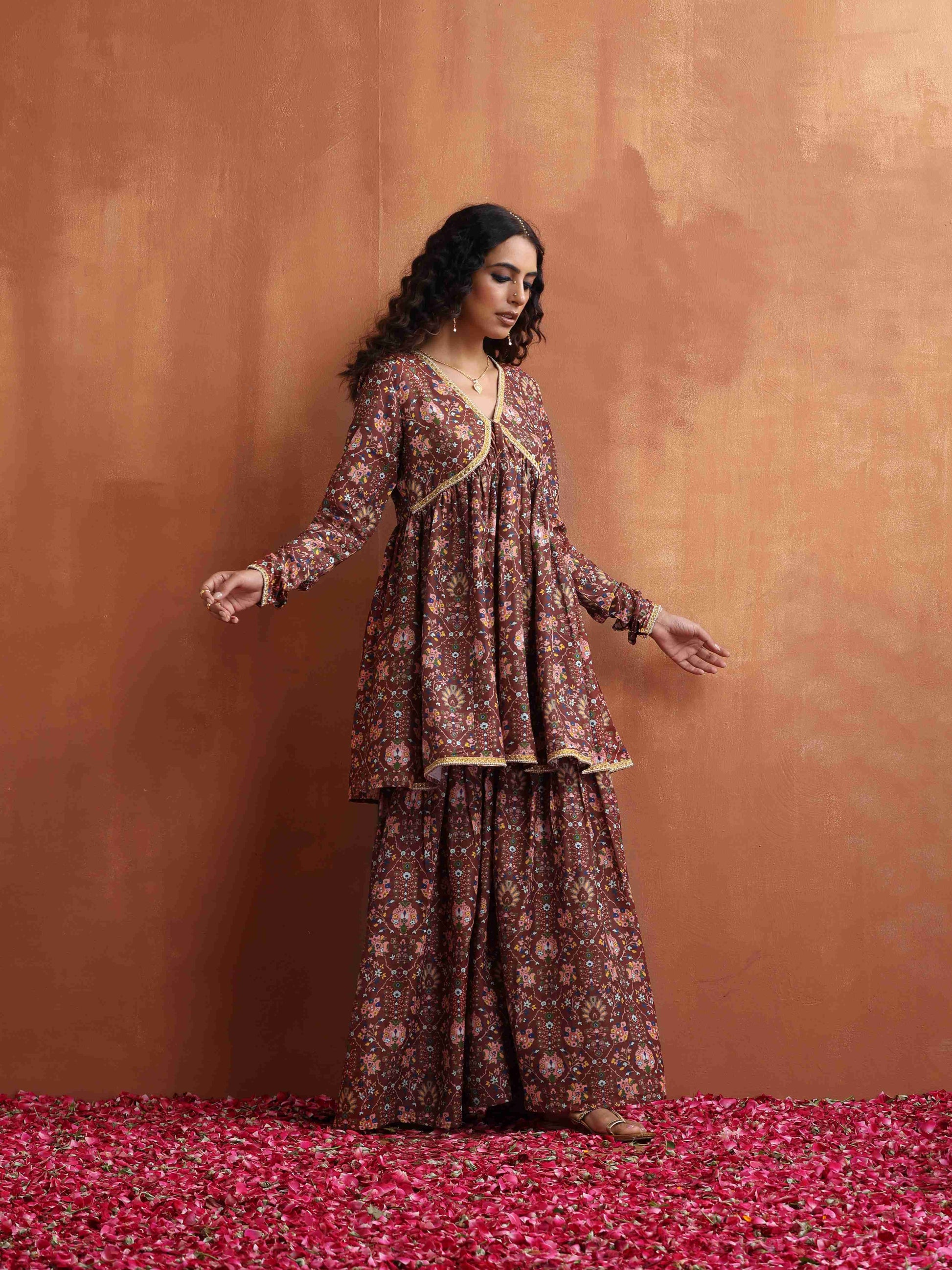 trueBrowns Brown Print Sharara Set | Swadesiicart