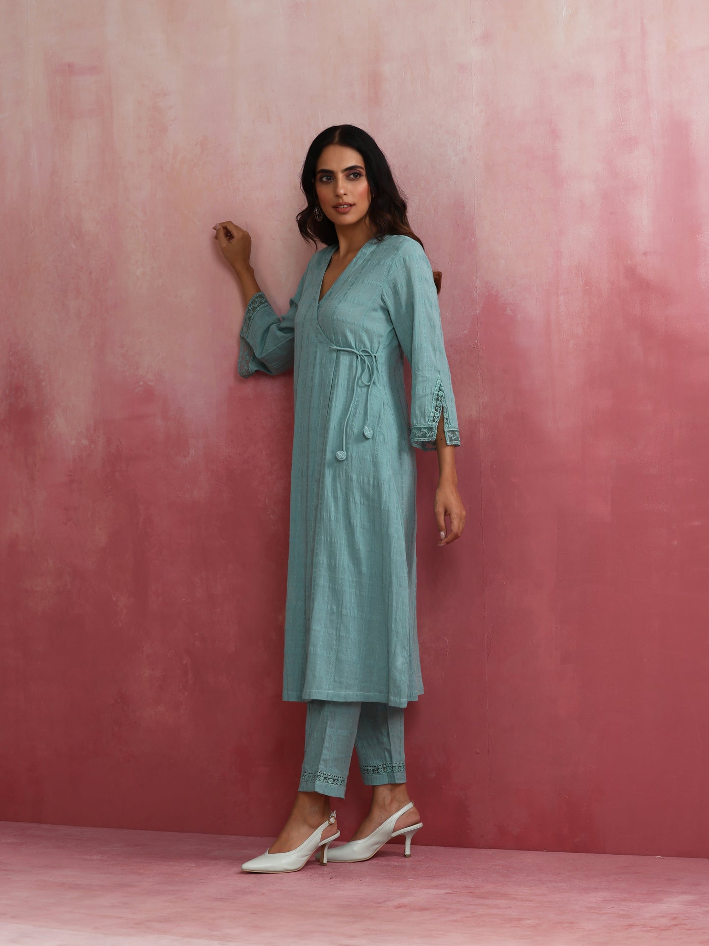 trueBrowns Aqua Blue Cotton Dobby Angrakha Kurta Set | Swadesiicart