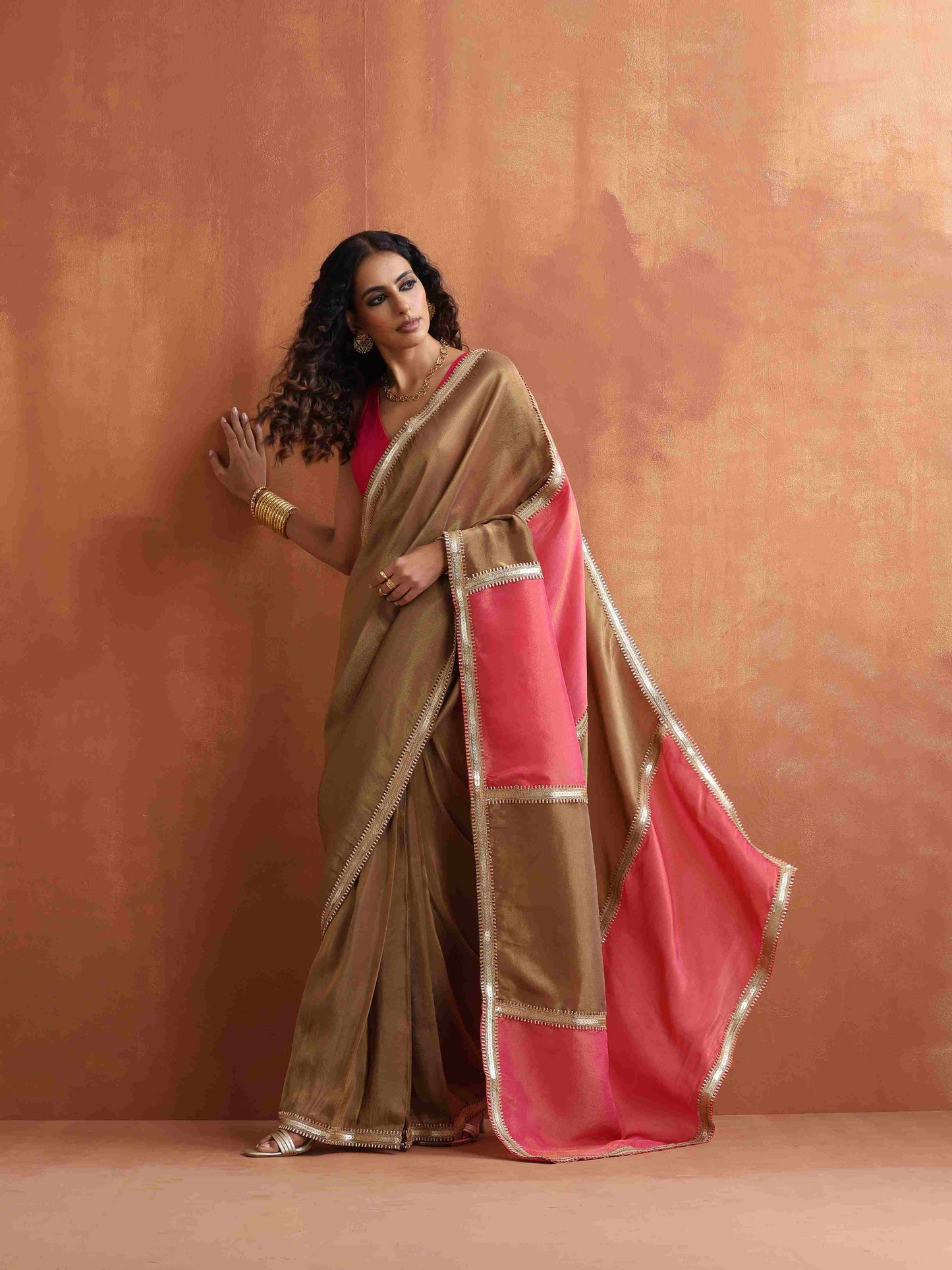 trueBrowns Bronze Tissue Ready To Wear Saree | Swadesiicart