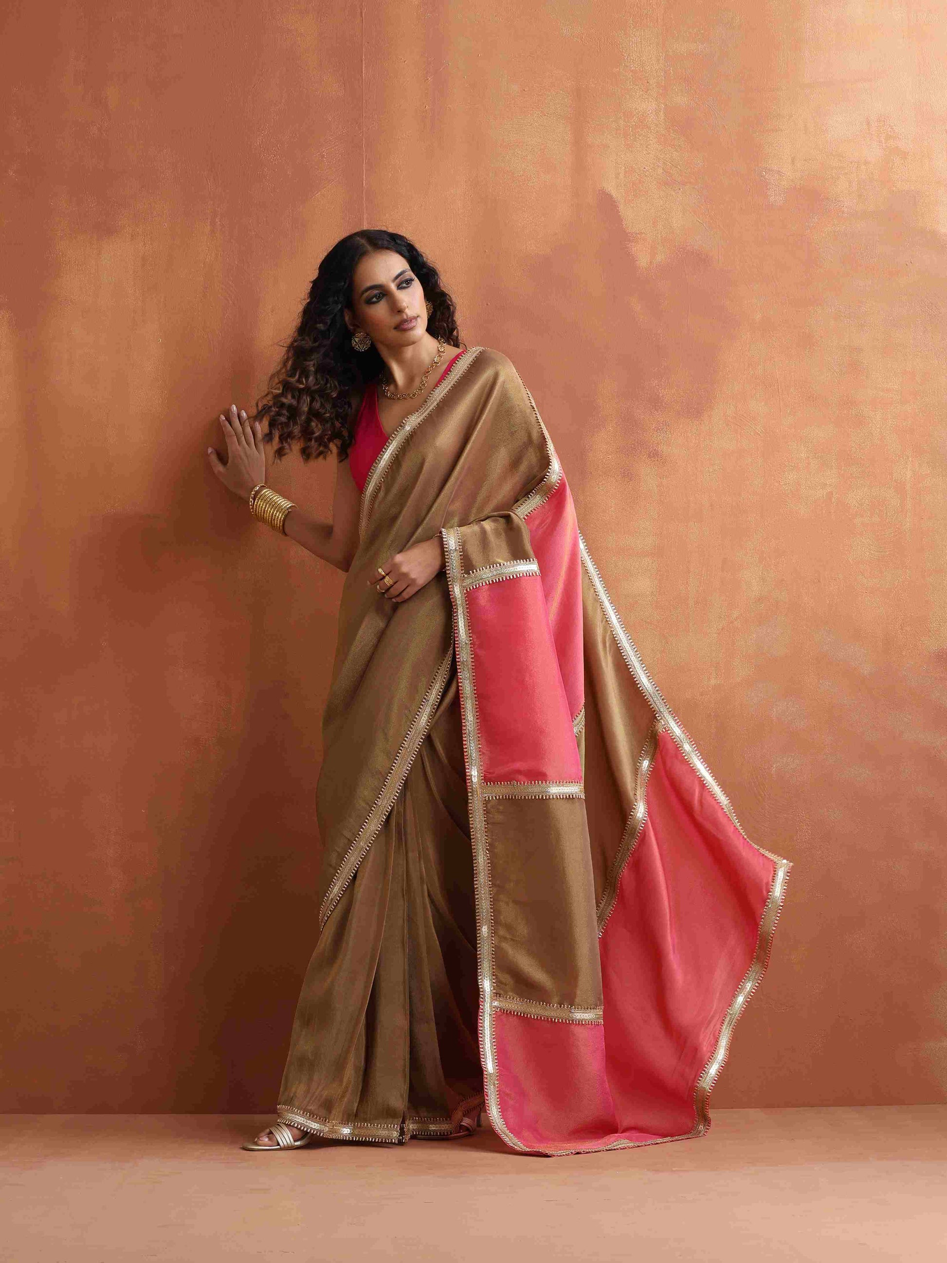 trueBrowns Bronze Tissue Ready To Wear Saree | Swadesiicart