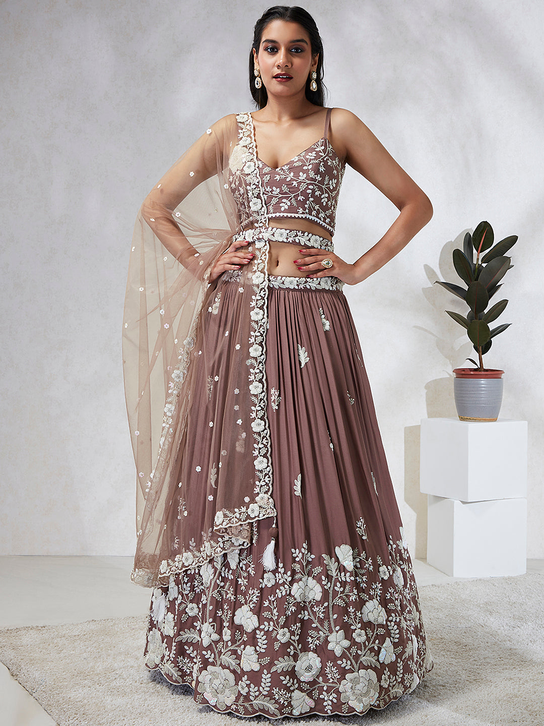 House of Panchhi Rose Gold Pure Georgette Sequins And Thread Embroidery Lehenga Choli & Dupatta | Swadesiicart