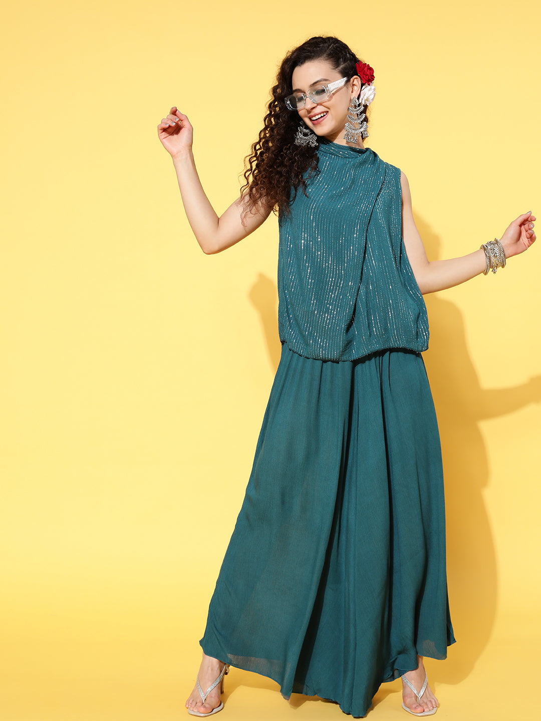 InWeave Women's Teal Lurex Top With Flared Pallazo - Swadesiicart