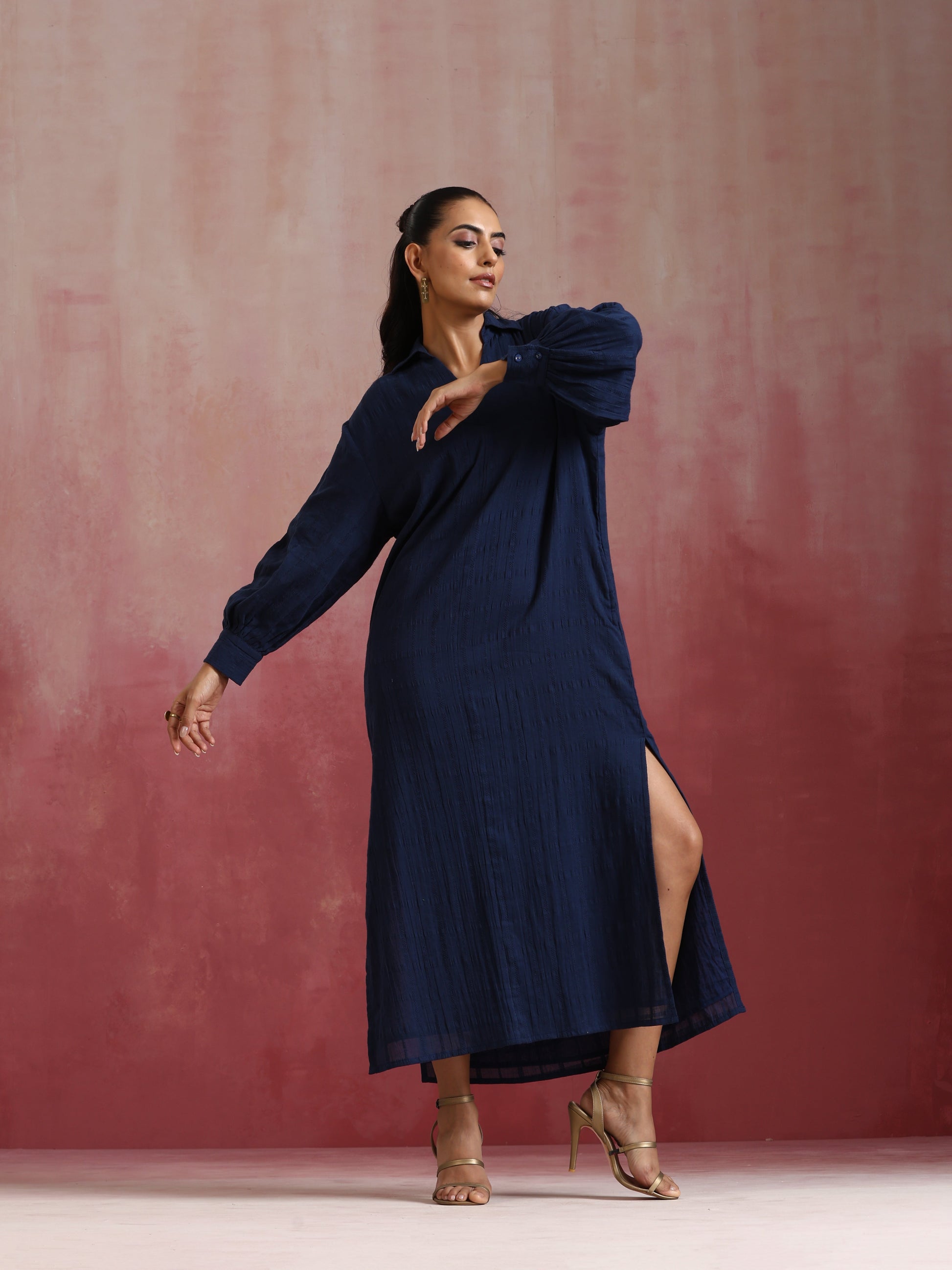 trueBrowns Dark Blue Cotton Dobby Dress | Swadesiicart