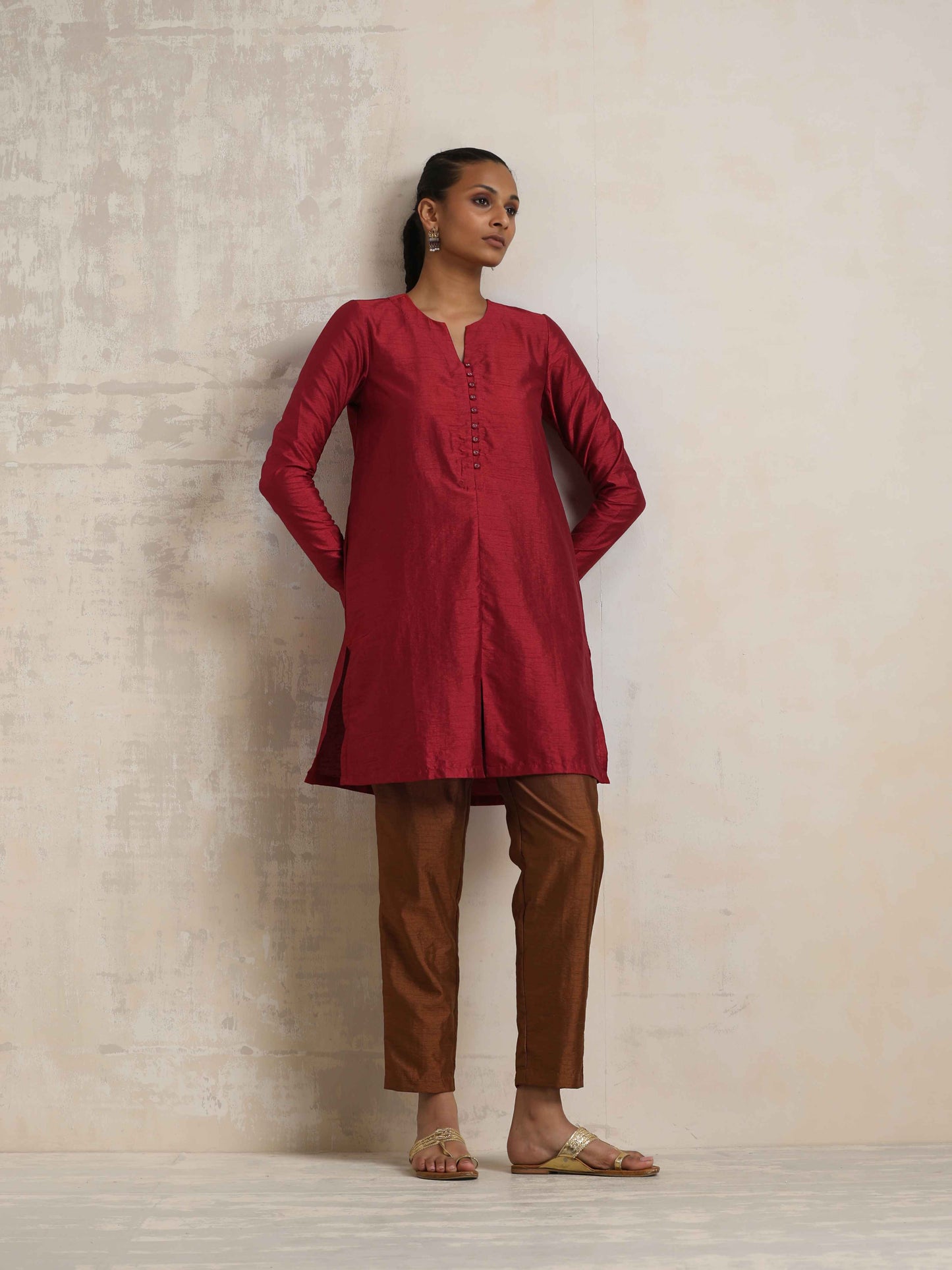 trueBrowns Red Silk Kurta Co-ord Set - Swadesiicart