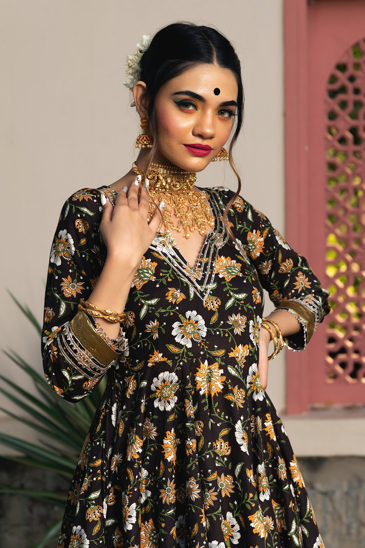 Pomcha Jaipur Roop Rang Hand Block Anarkali Set | Swadesiicart