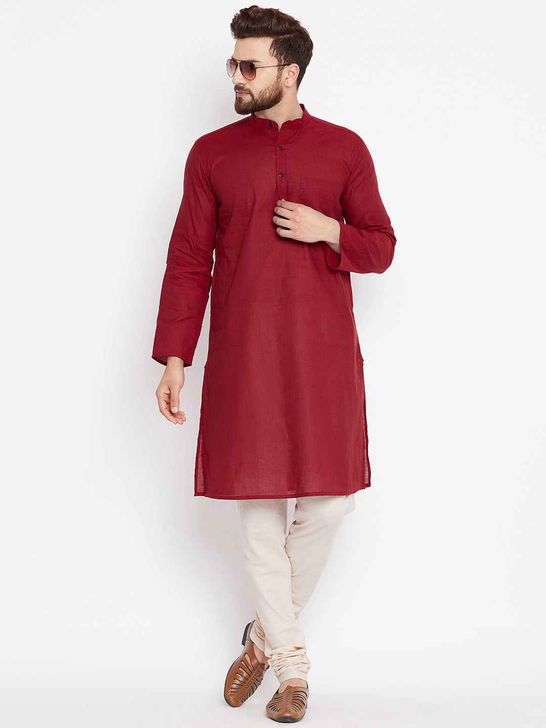 Even Apparels Maroon Pure Cotton Kurta With Band Collar | Swadesiicart