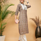 InWeave Women's Green Red Ajrakh Print Cotton Patch Work Straight Kurta Pant Set - Swadesiicart