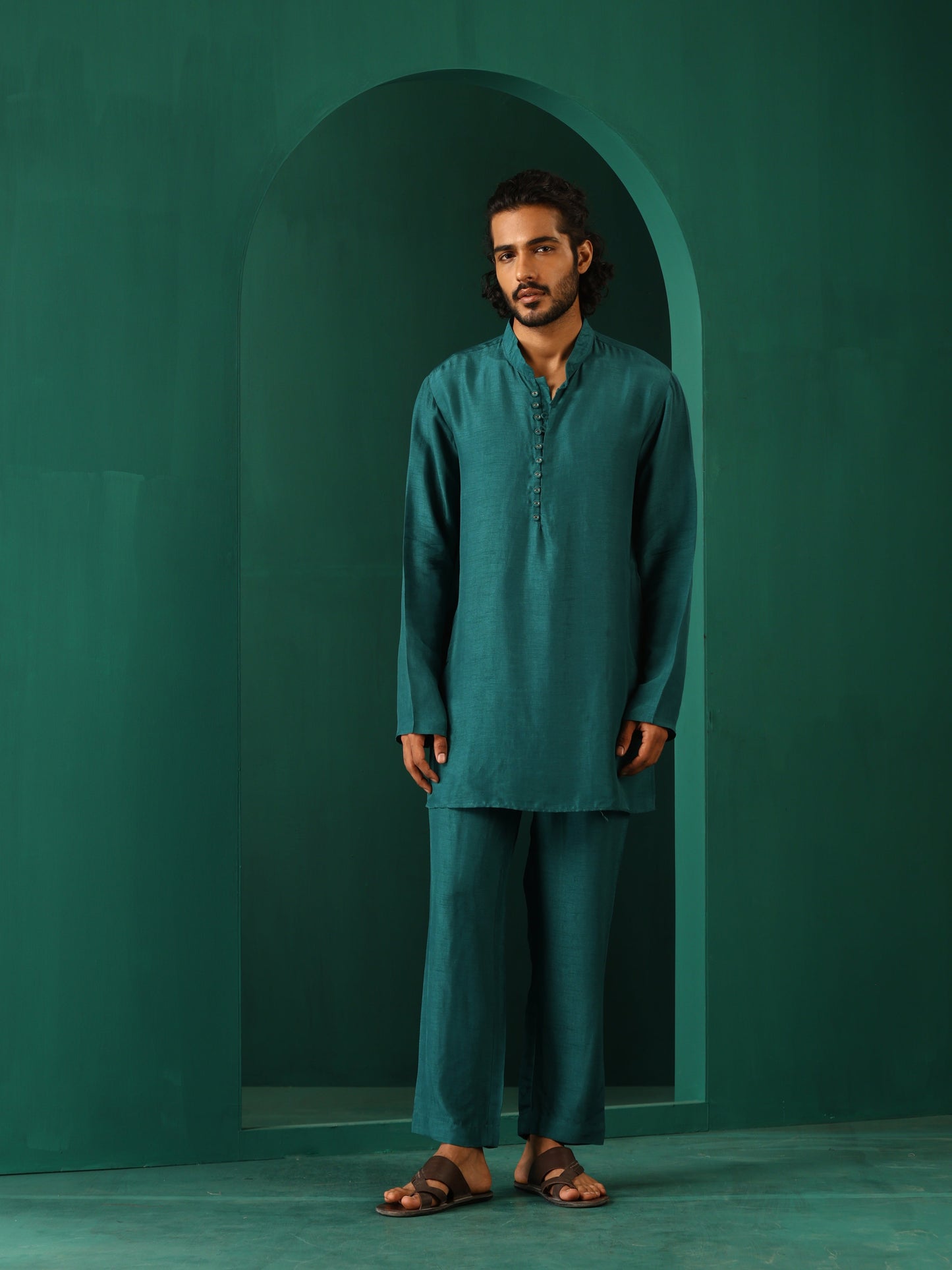 trueBrowns Men's Teal Silk Co-ord Set - Swadesiicart
