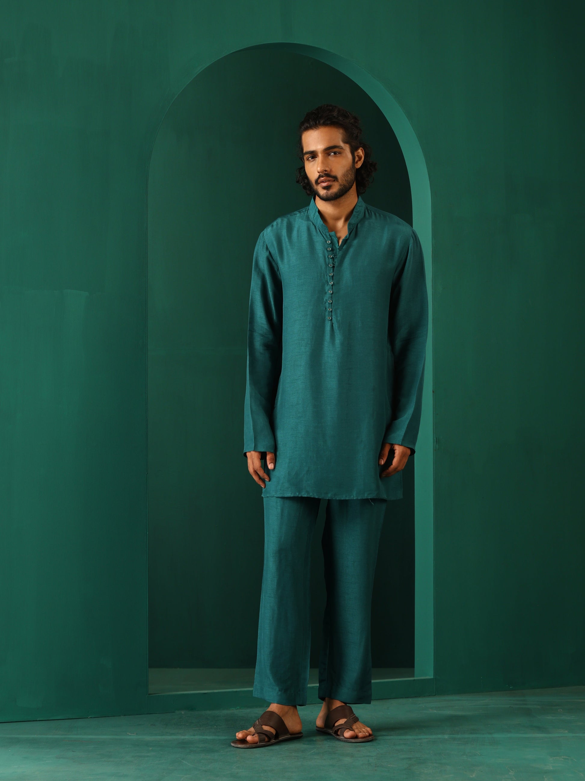 trueBrowns Men's Teal Silk Co-ord Set - Swadesiicart