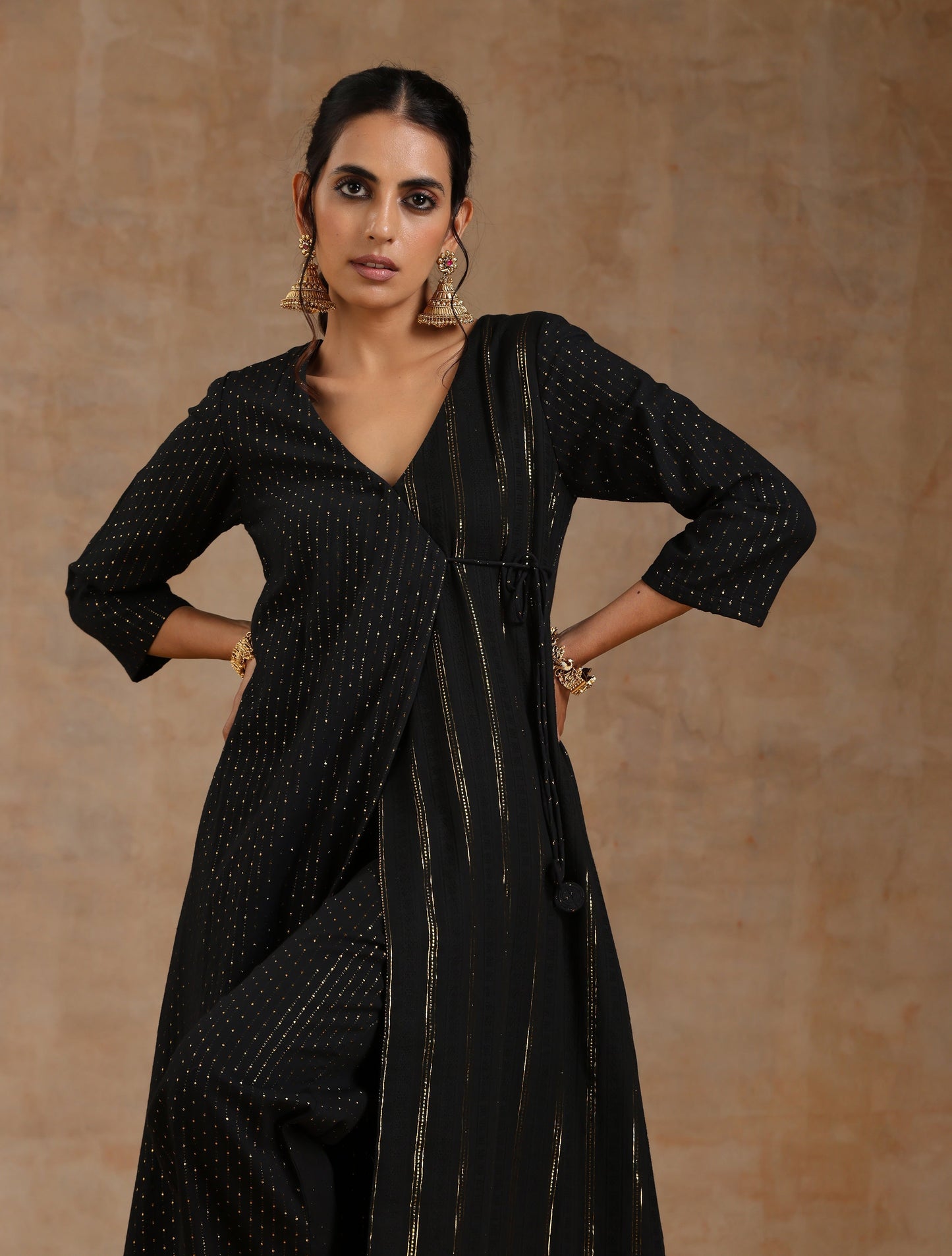 trueBrowns Black Gold Cotton Angrakha Kurta Set | Swadesiicart