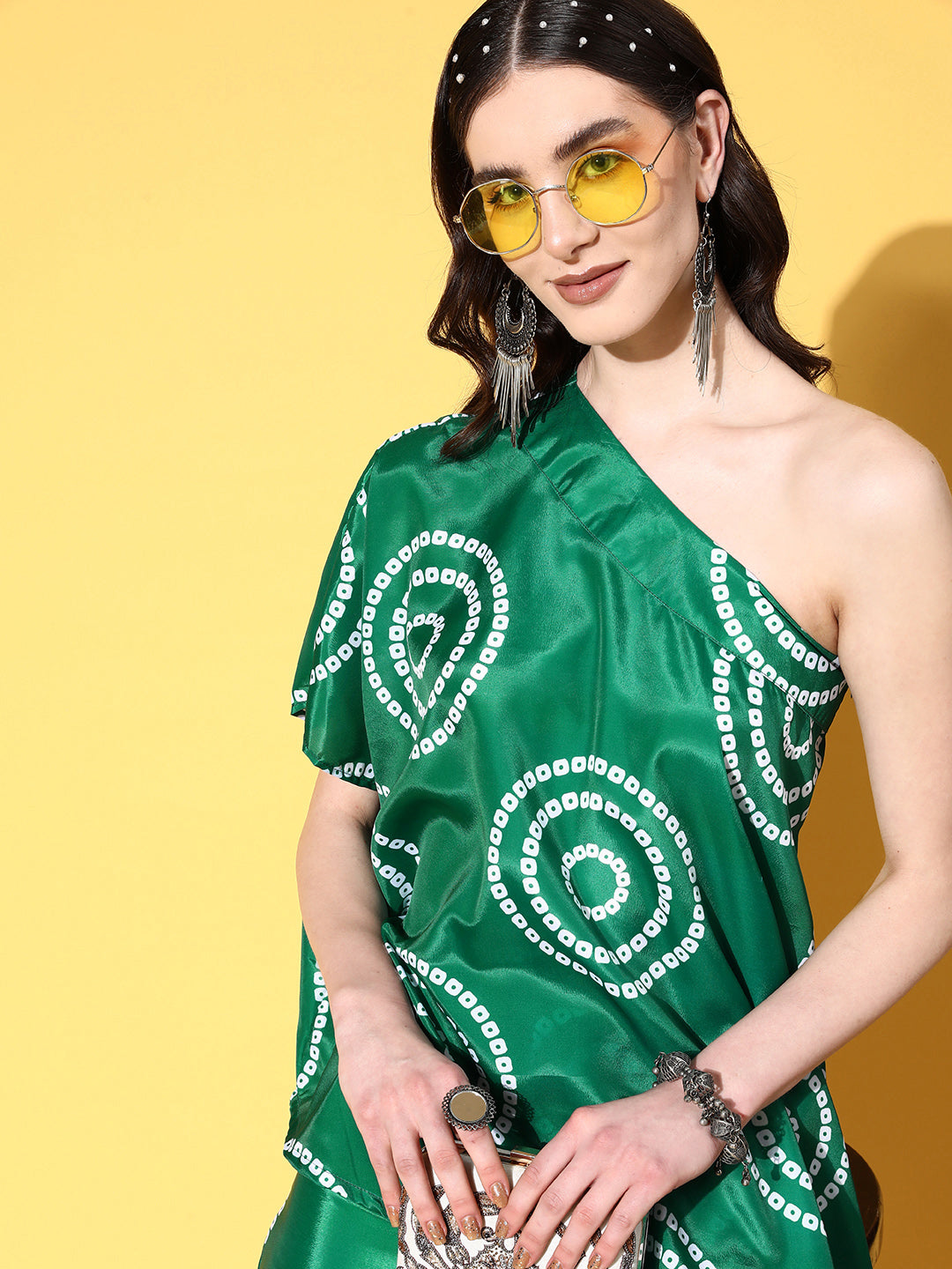 InWeave Women's Green Bandhani Motif One Shoulder Palazzo Set - Swadesiicart