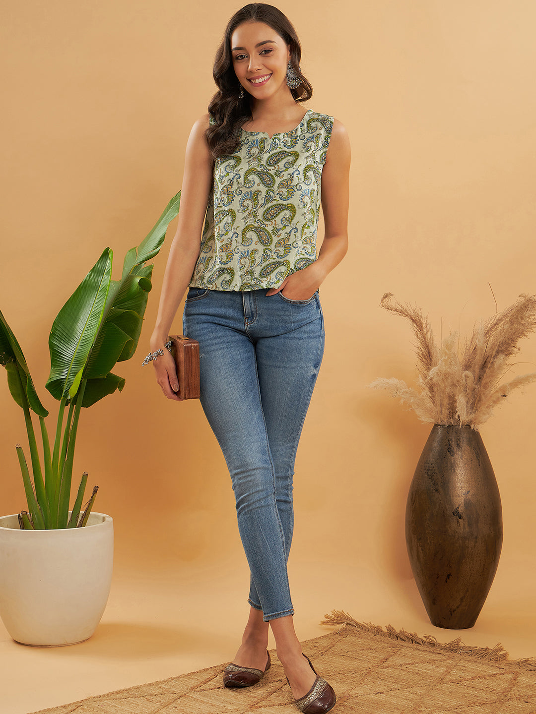 InWeave Sage Green Paisley Print W/U Top - Swadesiicart