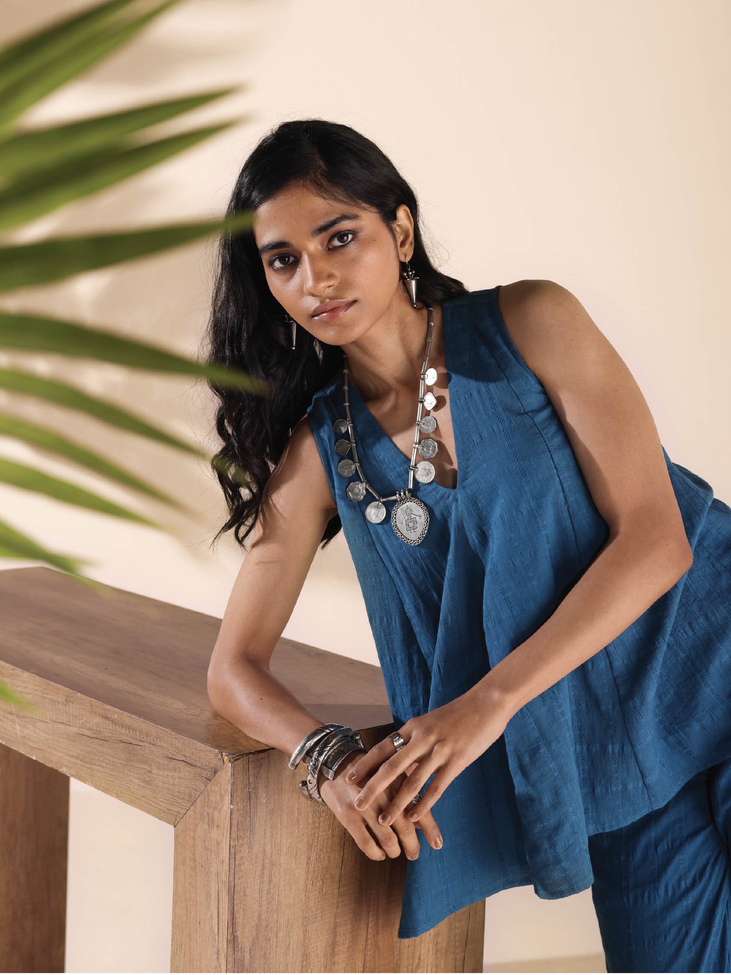 trueBrowns Blue Cotton Dobby Flared Co-ord Set - Swadesiicart