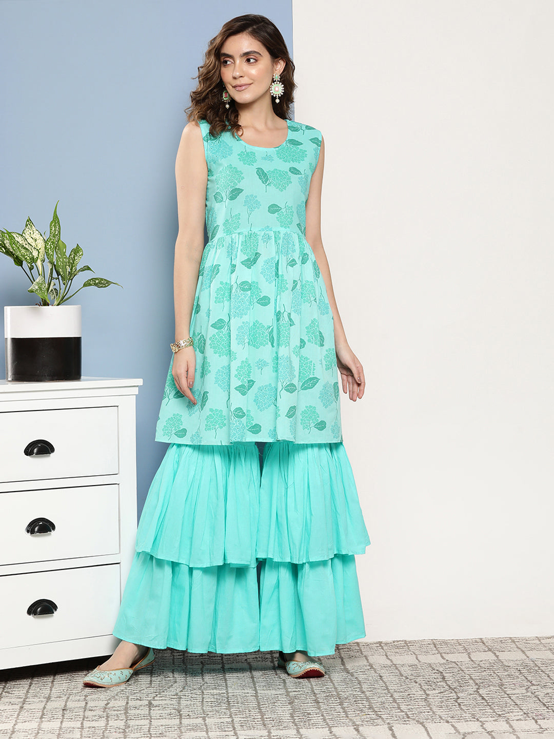 InWeave Women's Turquoise Printed Chintz Tiered Sharara Set - Swadesiicart