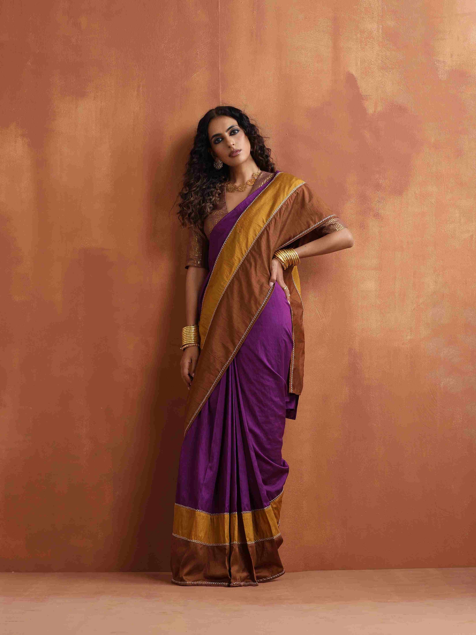 trueBrowns Purple Silk Ready To Wear Saree | Swadesiicart