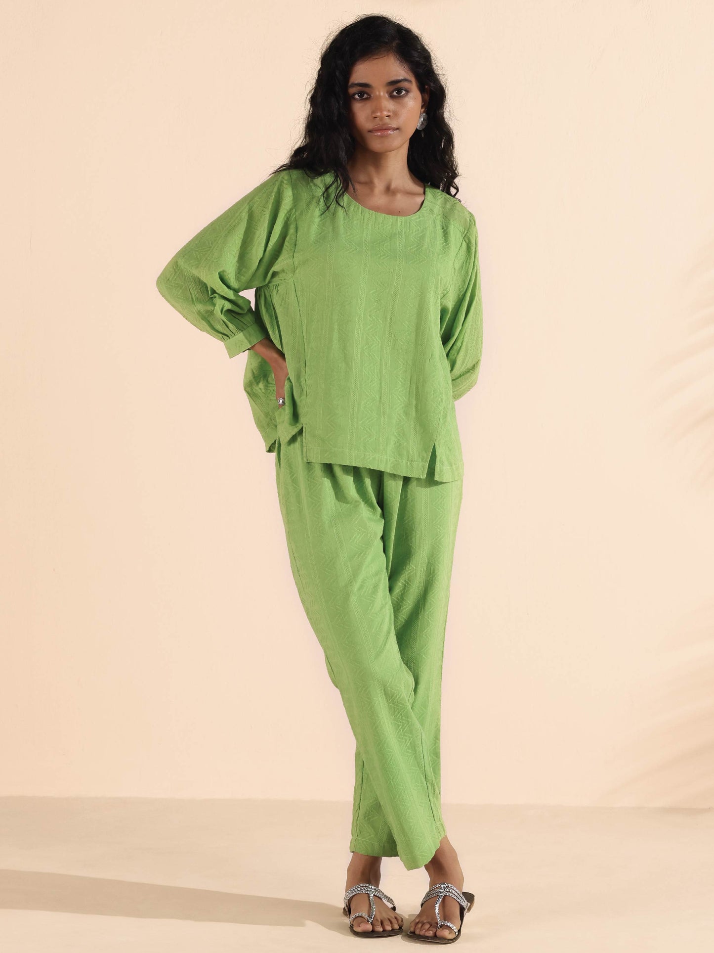 trueBrowns Green Cotton Dobby Short Co-ord Set - Swadesiicart