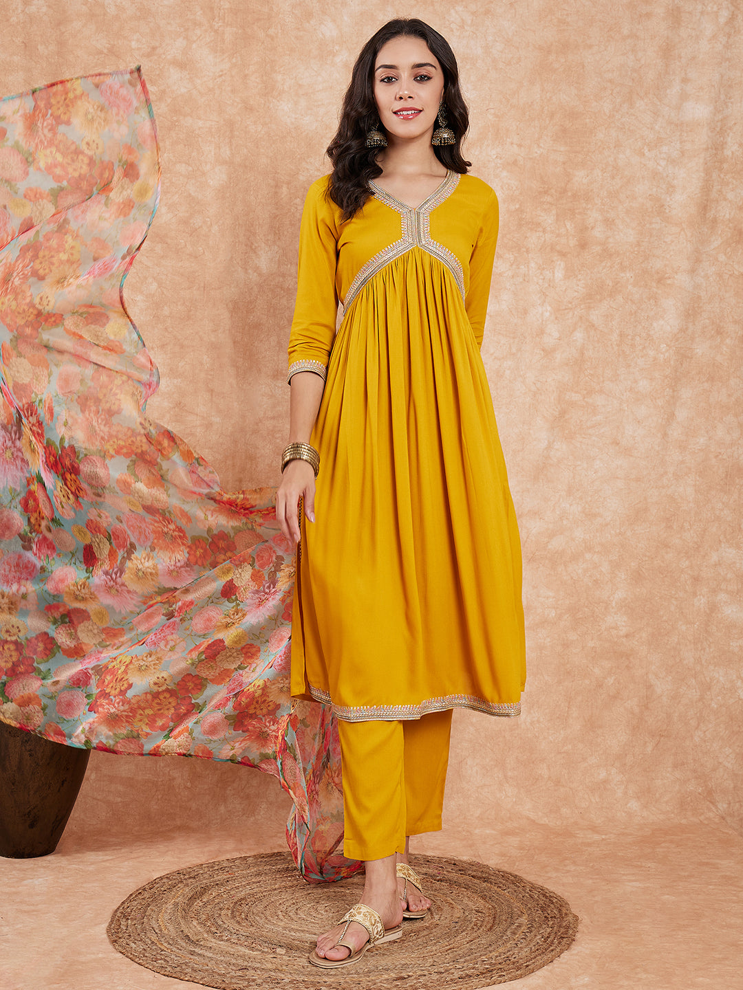InWeave Women's Mustard Alia Neck Style Gota Set W Organza Dupatta - Swadesiicart