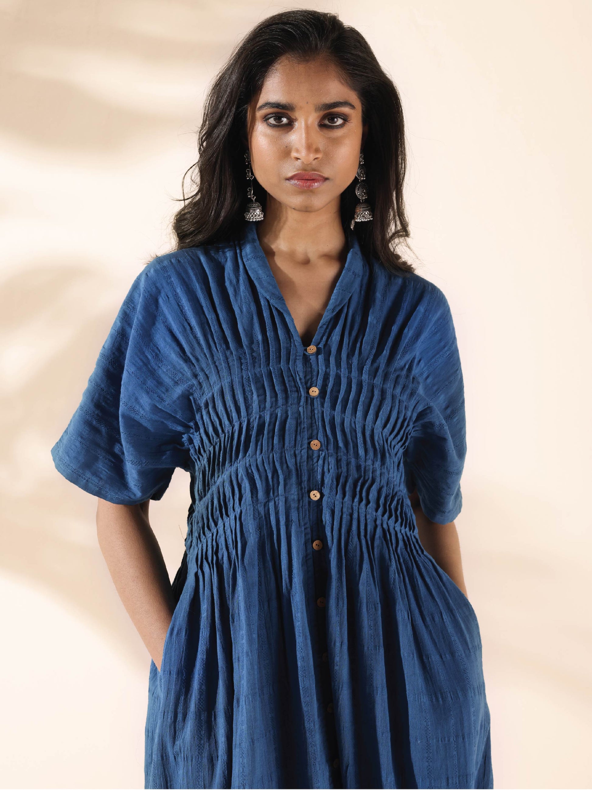 trueBrowns Blue Cotton Dobby Dress | Swadesiicart