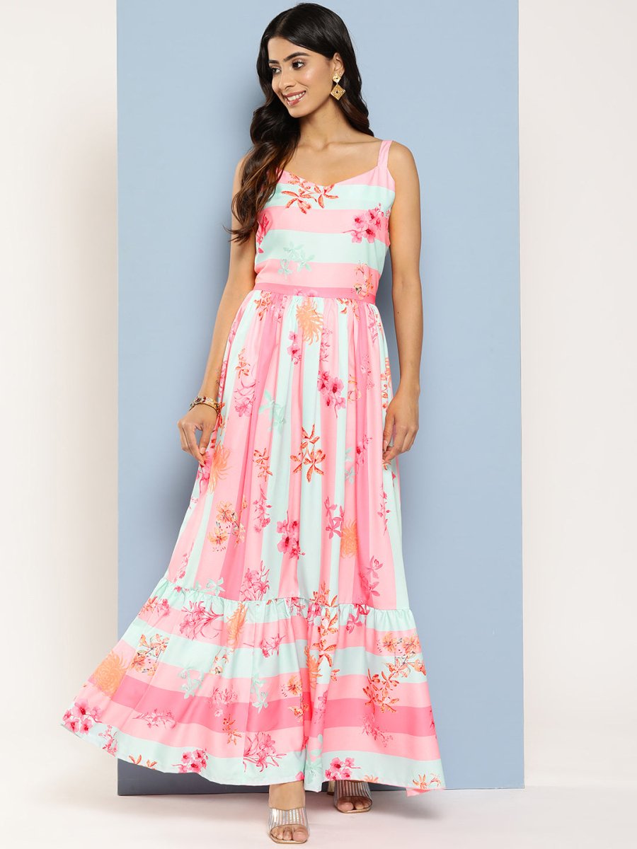 Ahalyaa Striped Floral Print Crepe Maxi Ethnic Dress | Swadesiicart