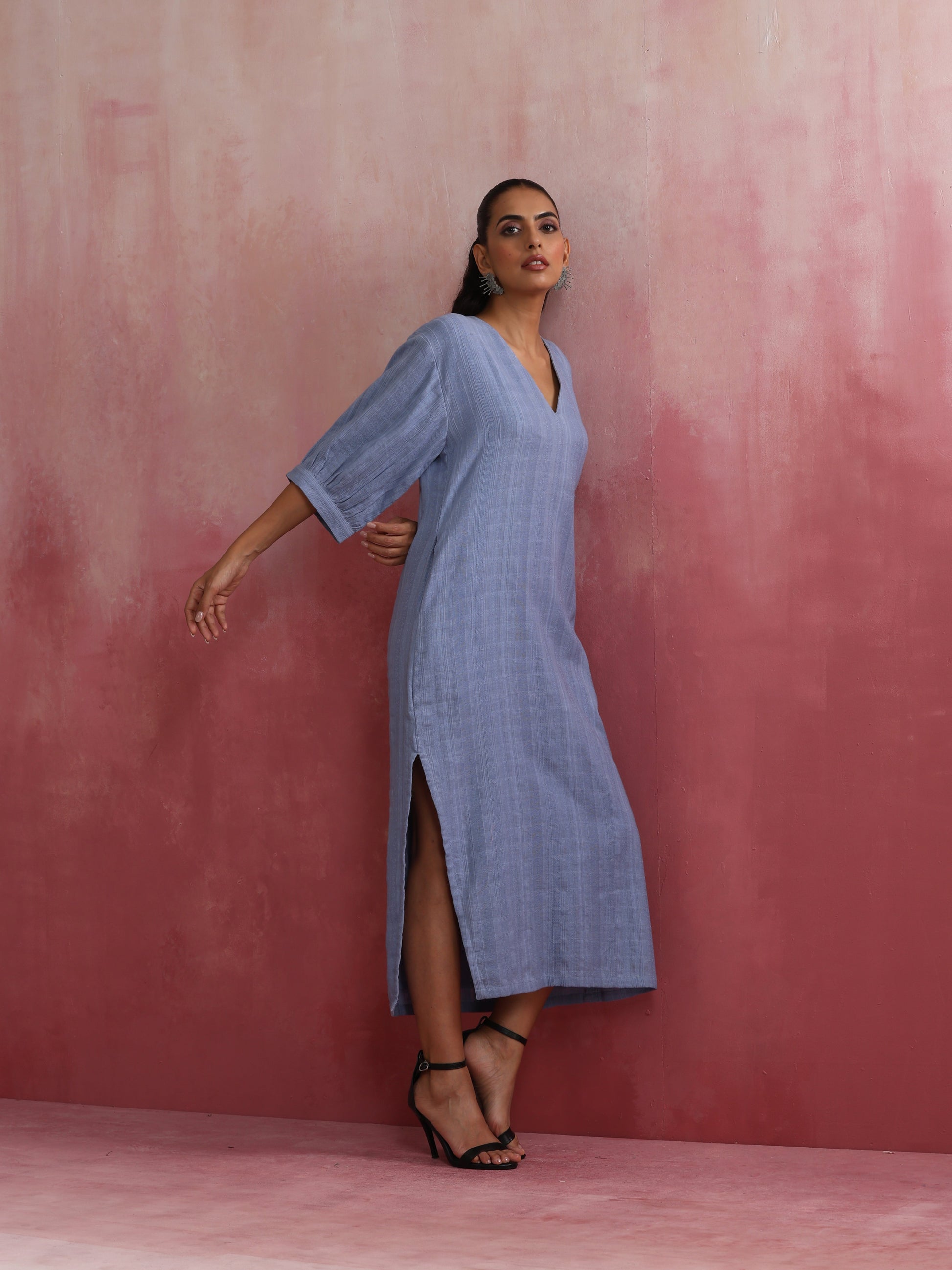 trueBrowns Sky Blue Cotton Dobby Dress | Swadesiicart