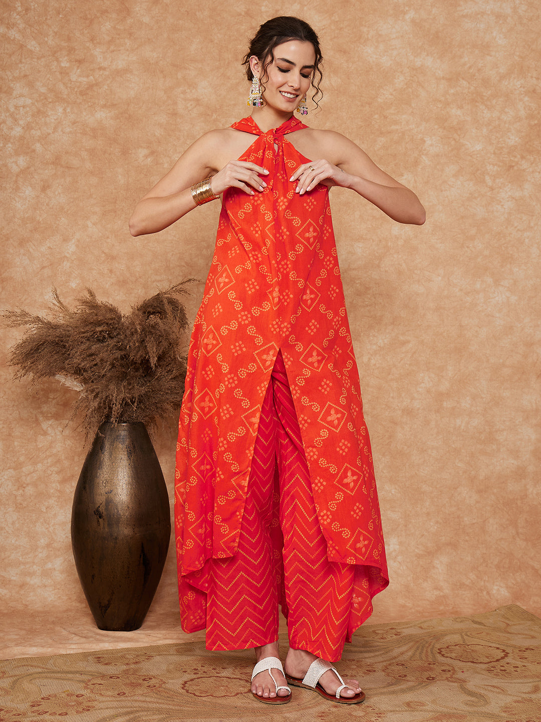 InWeave Women's Orange S Print Twisted Neckline Kurta Pant Set - Swadesiicart