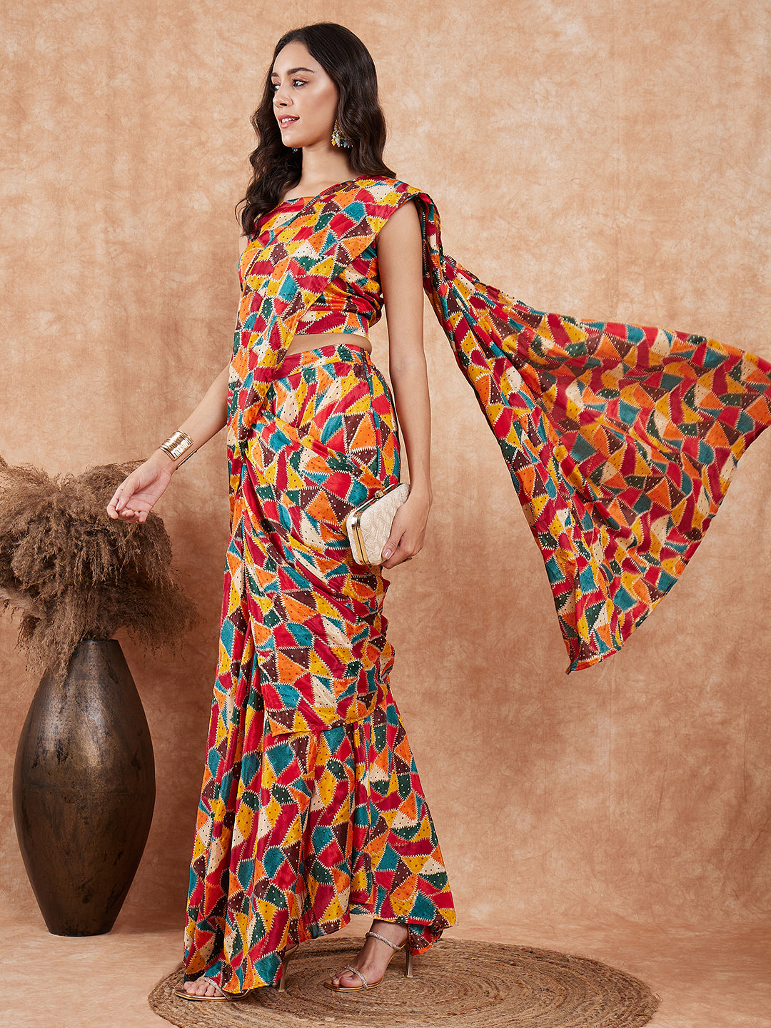 InWeave Women's Multi Color Trangle Skirt Saree - Swadesiicart