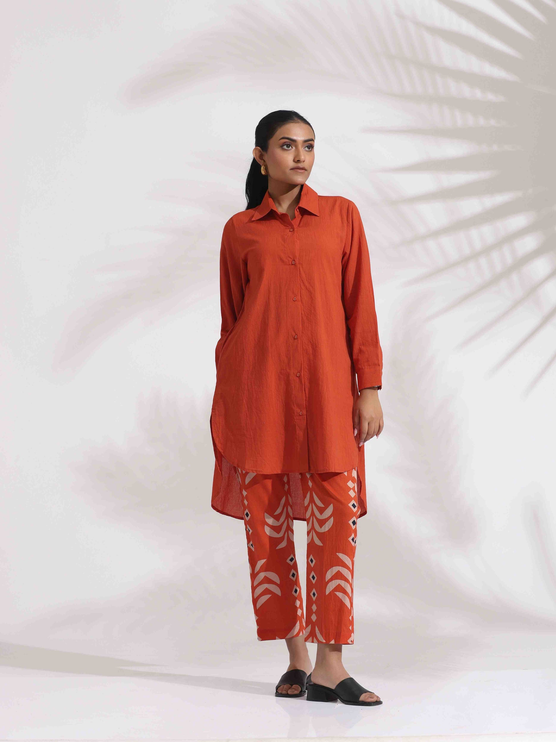 trueBrowns Orange Cotton Solid Shirt Kurta Co-ord Set - Swadesiicart