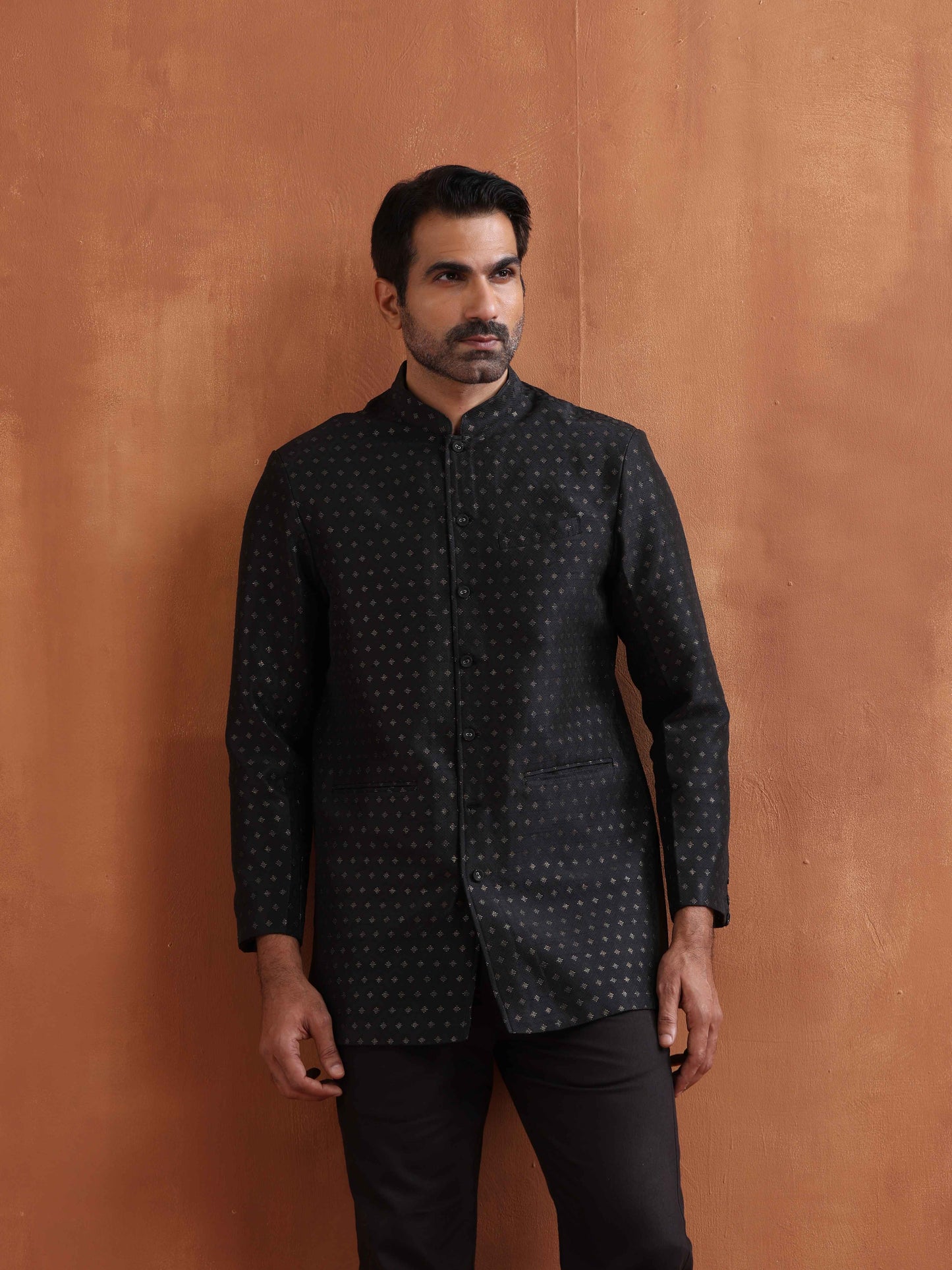 trueBrowns Men's Black Chanderi Long Jacket | Swadesiicart