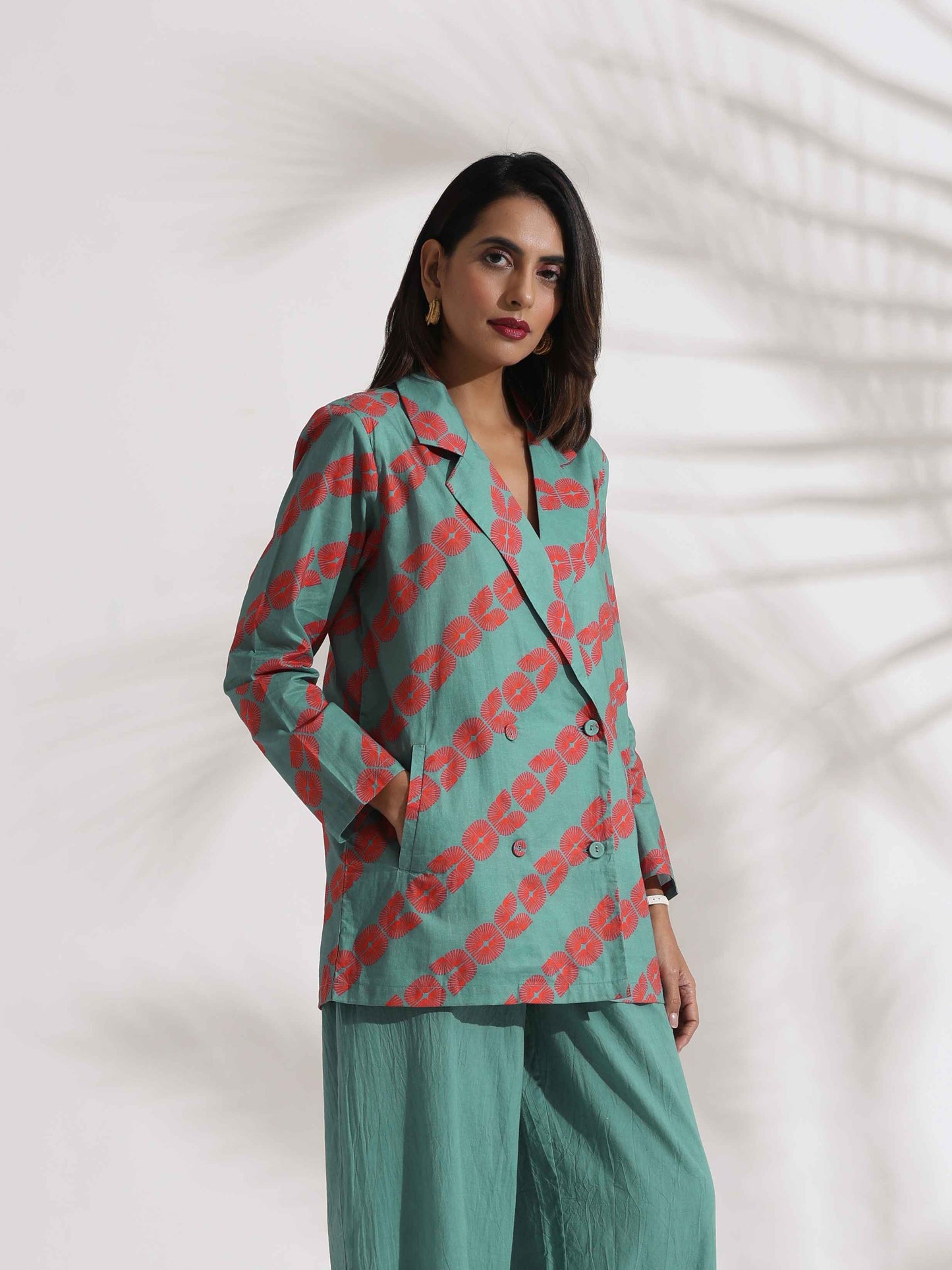 trueBrowns Green Cotton Print Jacket Top Co-ord Set - Swadesiicart