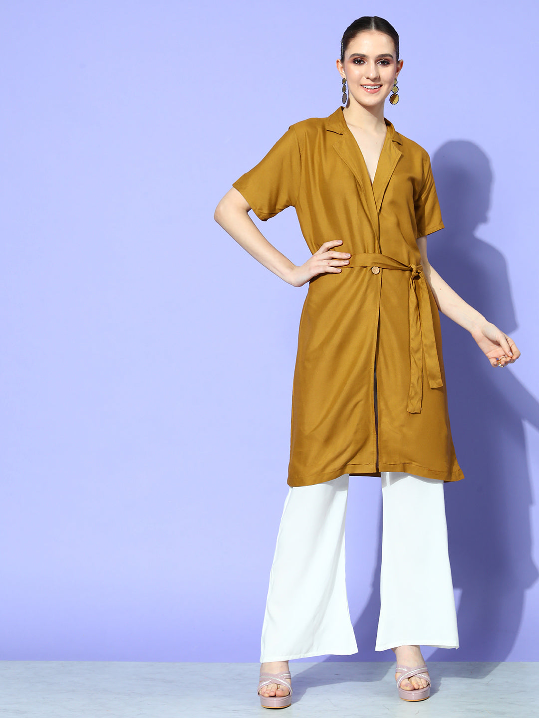 InWeave Women's Camel Brown Cream Naroow Pant Coord Set - Swadesiicart