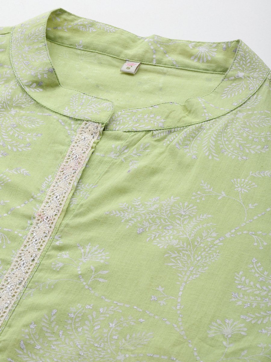 Ahalyaa Mandarin Collar Floral Printed Tunic with Lace Inserts Detail | Swadesiicart