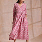 trueBrowns Pink Overall Floral Block Print Cotton Wrap Dress | Swadesiicart