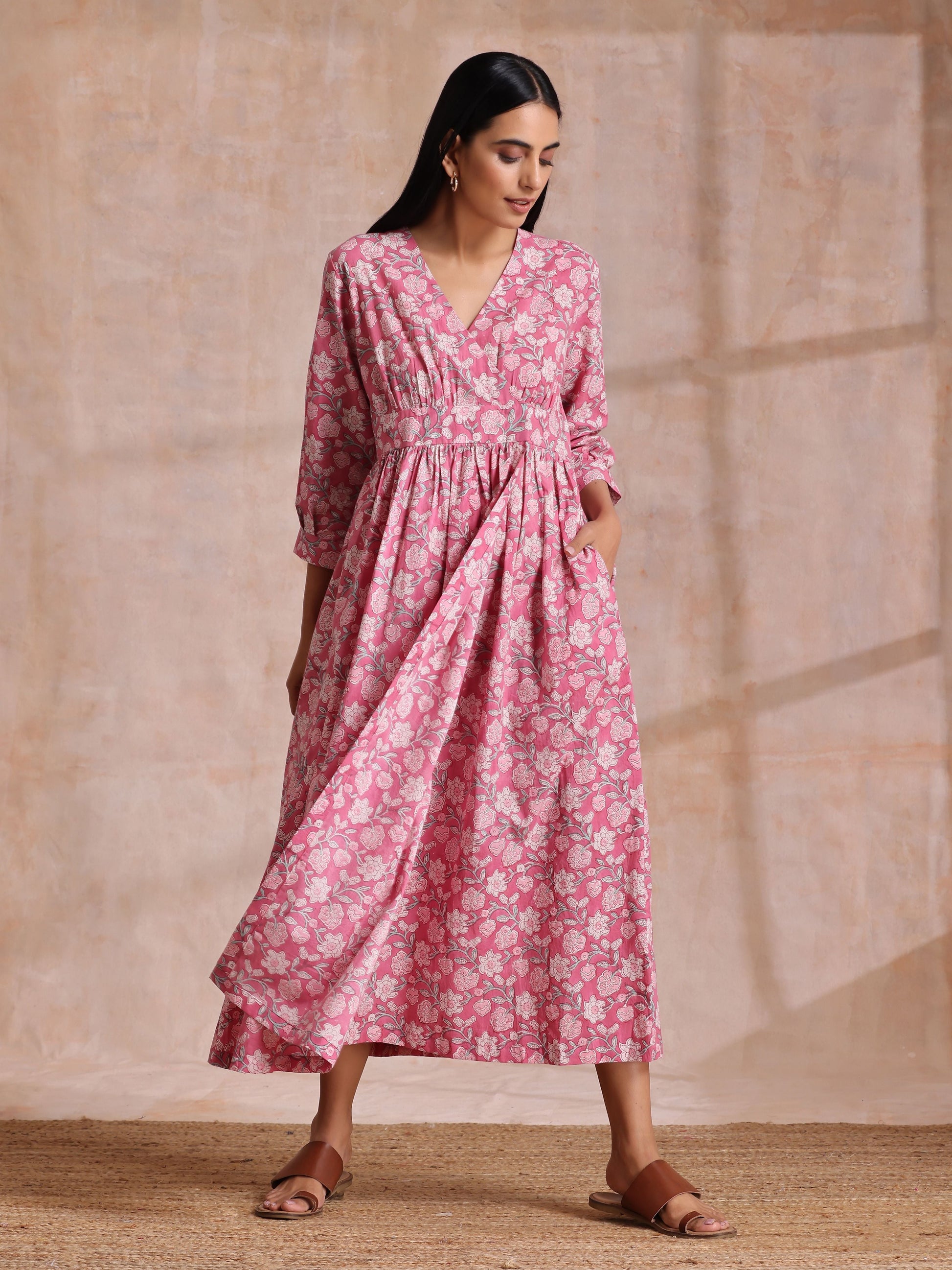 trueBrowns Pink Overall Floral Block Print Cotton Wrap Dress | Swadesiicart
