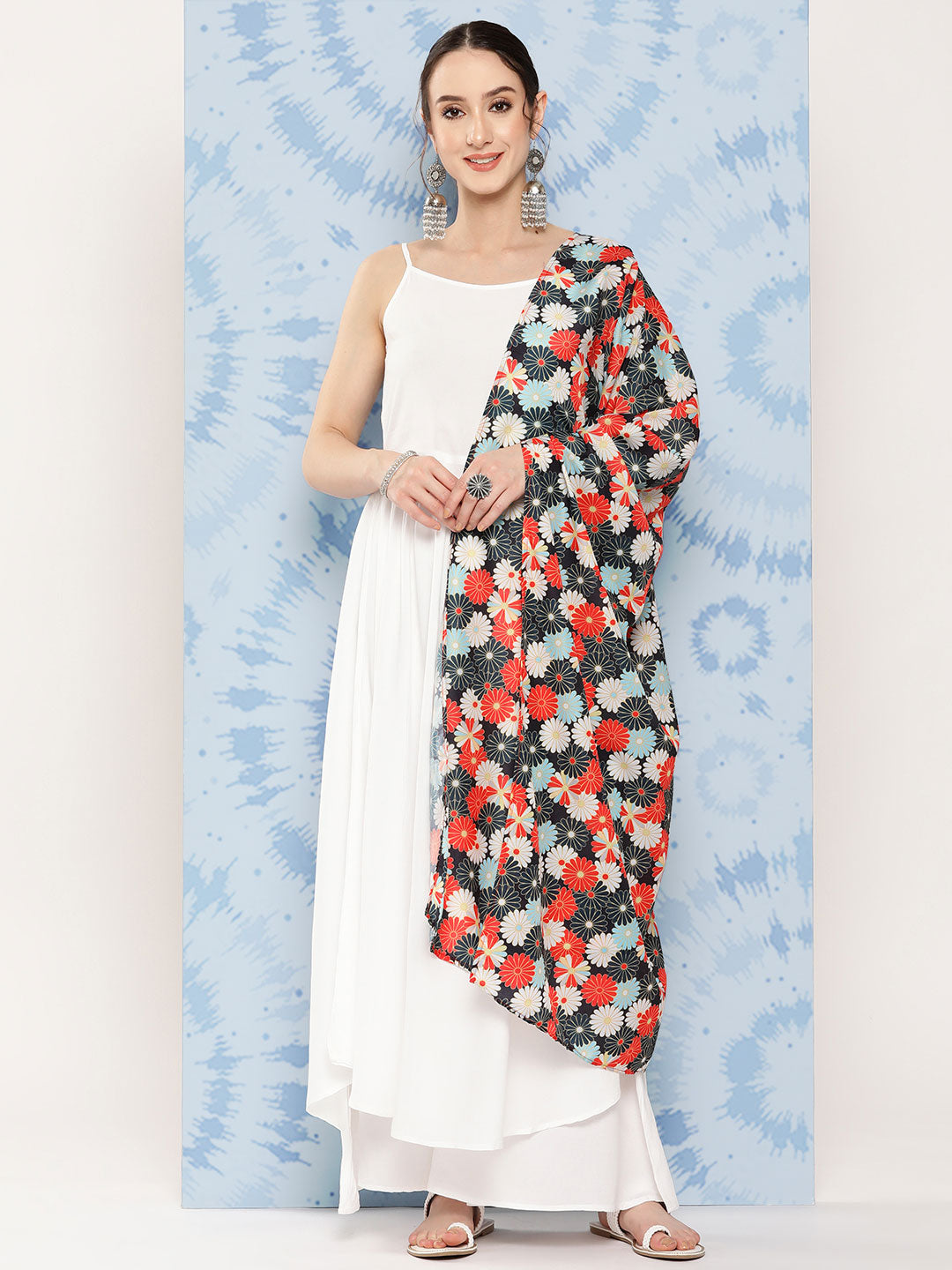 InWeave Women's White Strappy Set With White Red Round Motif Dupatta - Swadesiicart